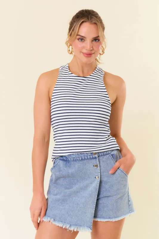 Navy Blue Striped High Neckline Tank sold by Pinkblush
