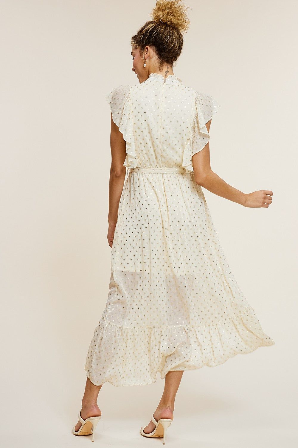 Cream Foil Printed Chiffon Ruffle Sleeve Midi Dress sold by Pinkblush product image thumbnail 4