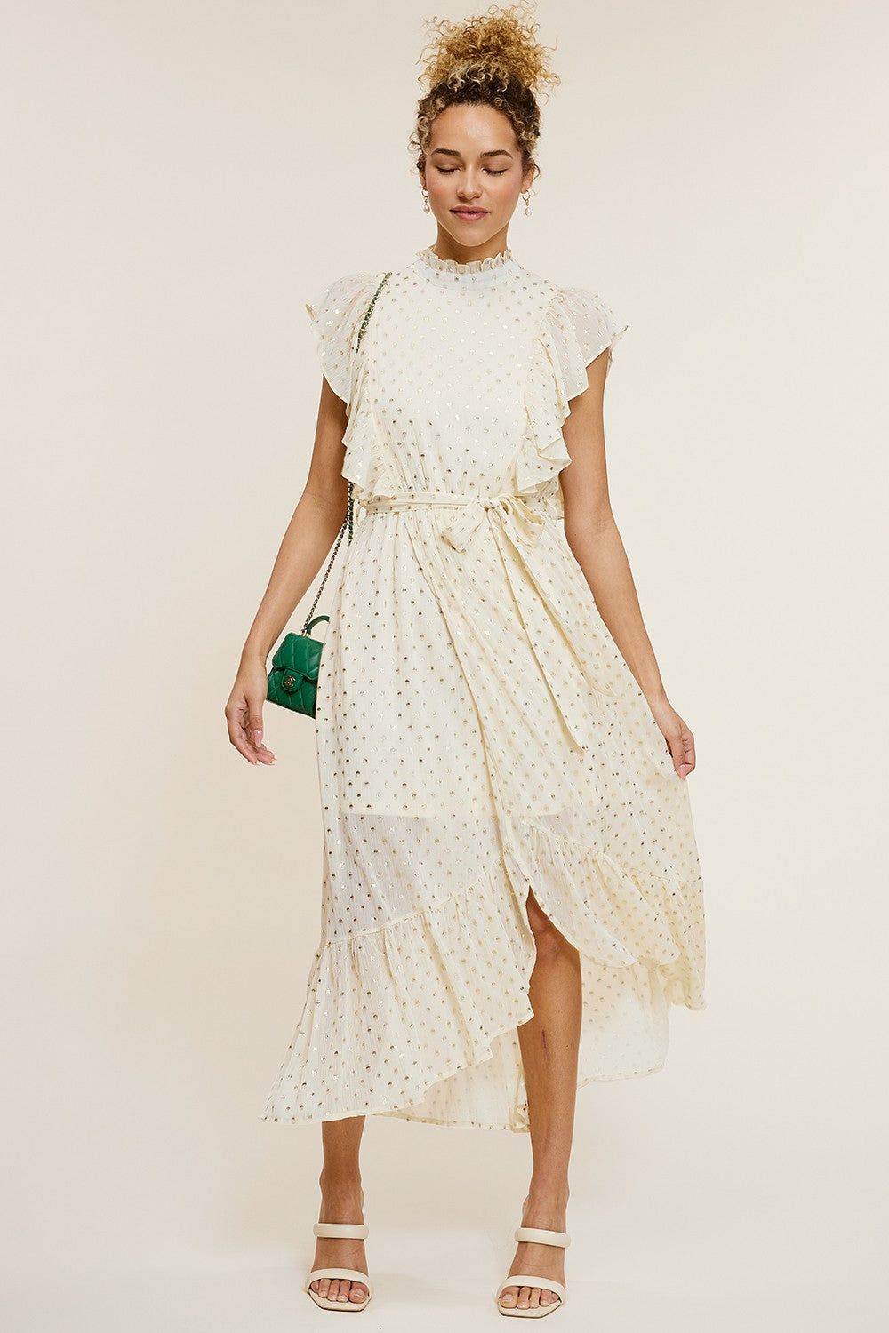 Cream Foil Printed Chiffon Ruffle Sleeve Midi Dress sold by Pinkblush