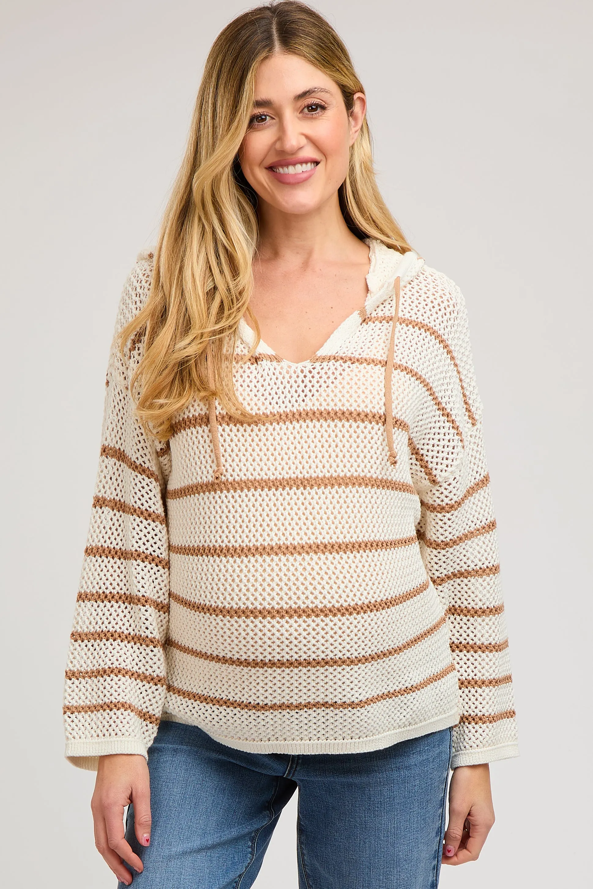 Cream Striped Open Knit Hooded Maternity Long Sleeve Top sold by Pinkblush