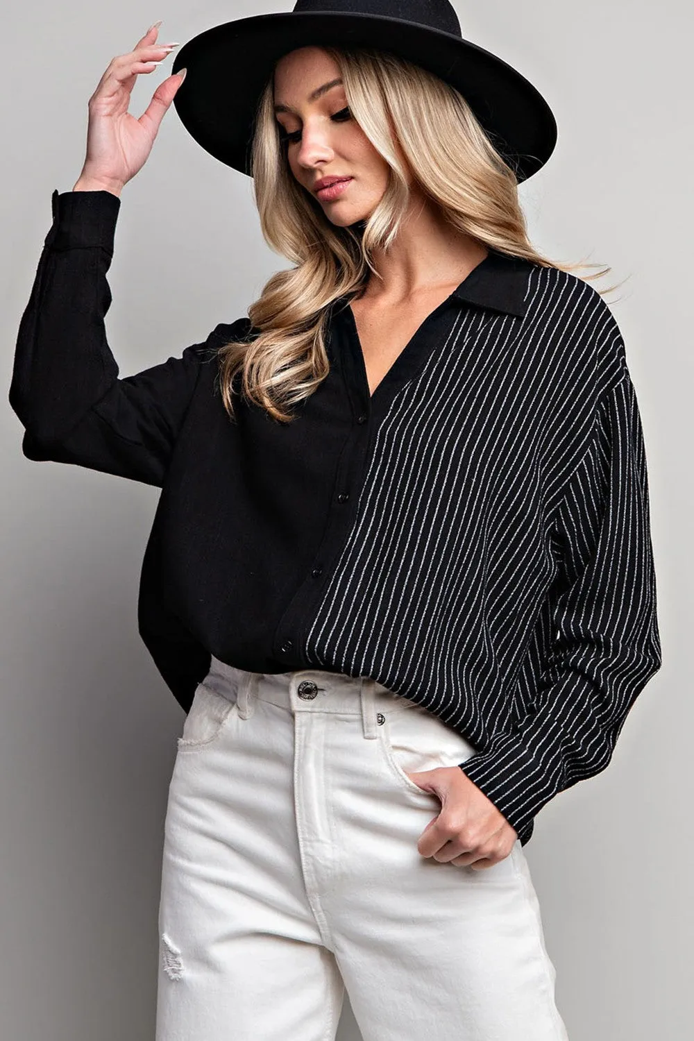 Black Half Stripe Button Down Top sold by Pinkblush product image thumbnail 2