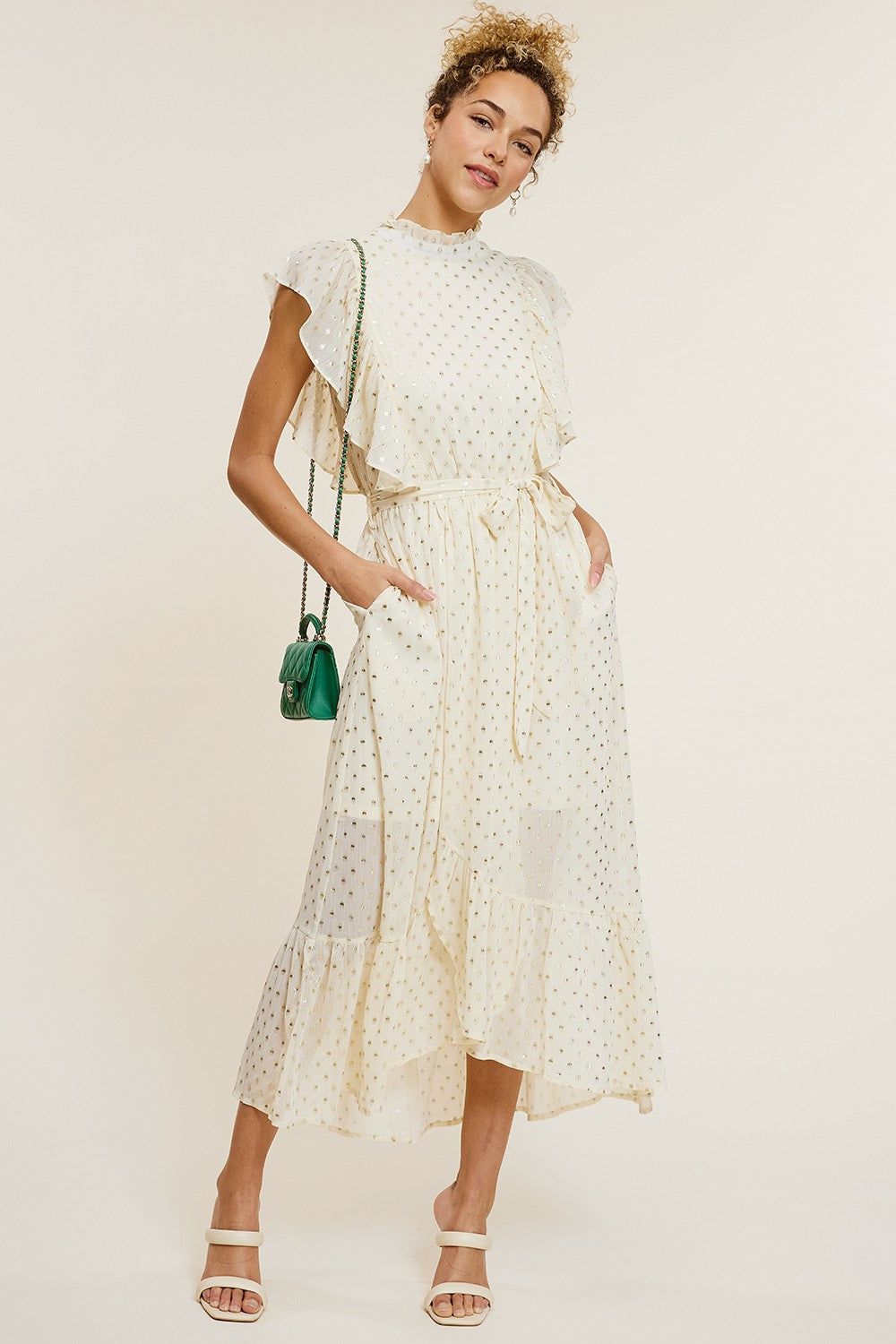 Cream Foil Printed Chiffon Ruffle Sleeve Midi Dress sold by Pinkblush product image thumbnail 2