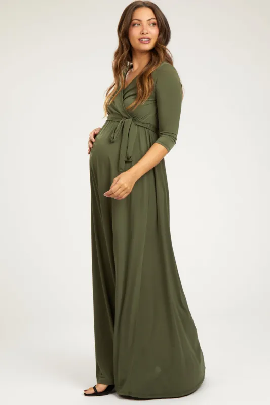 PinkBlush Olive Green Draped 3/4 Sleeve Maternity Maxi Dress sold by Pinkblush