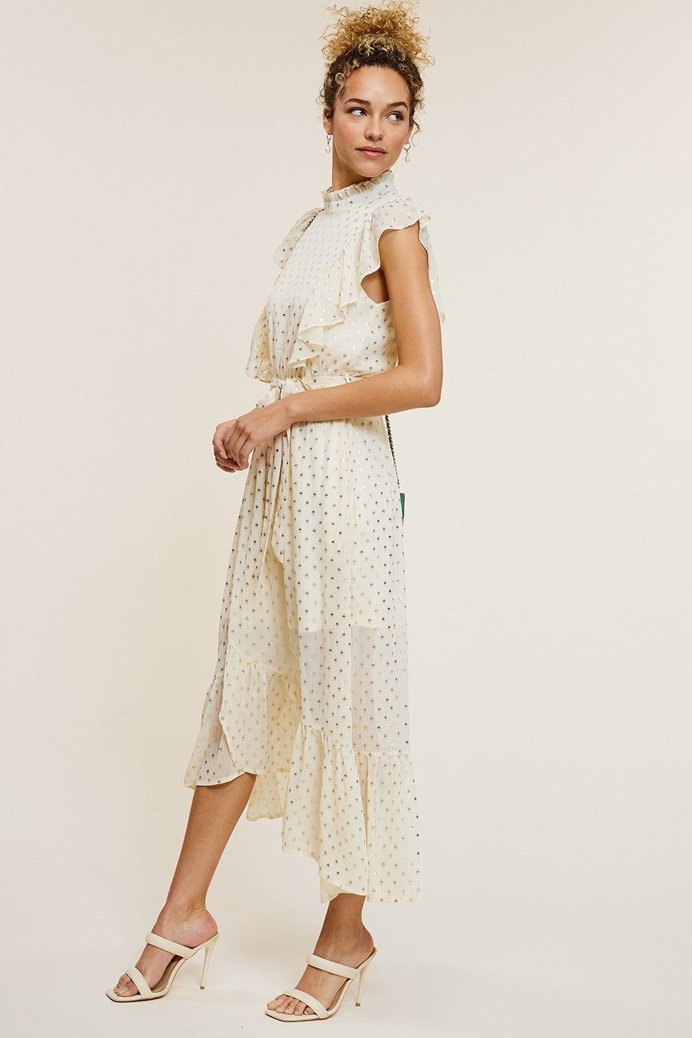 Cream Foil Printed Chiffon Ruffle Sleeve Midi Dress sold by Pinkblush product image thumbnail 3