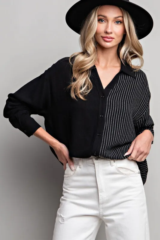 Black Half Stripe Button Down Top sold by Pinkblush