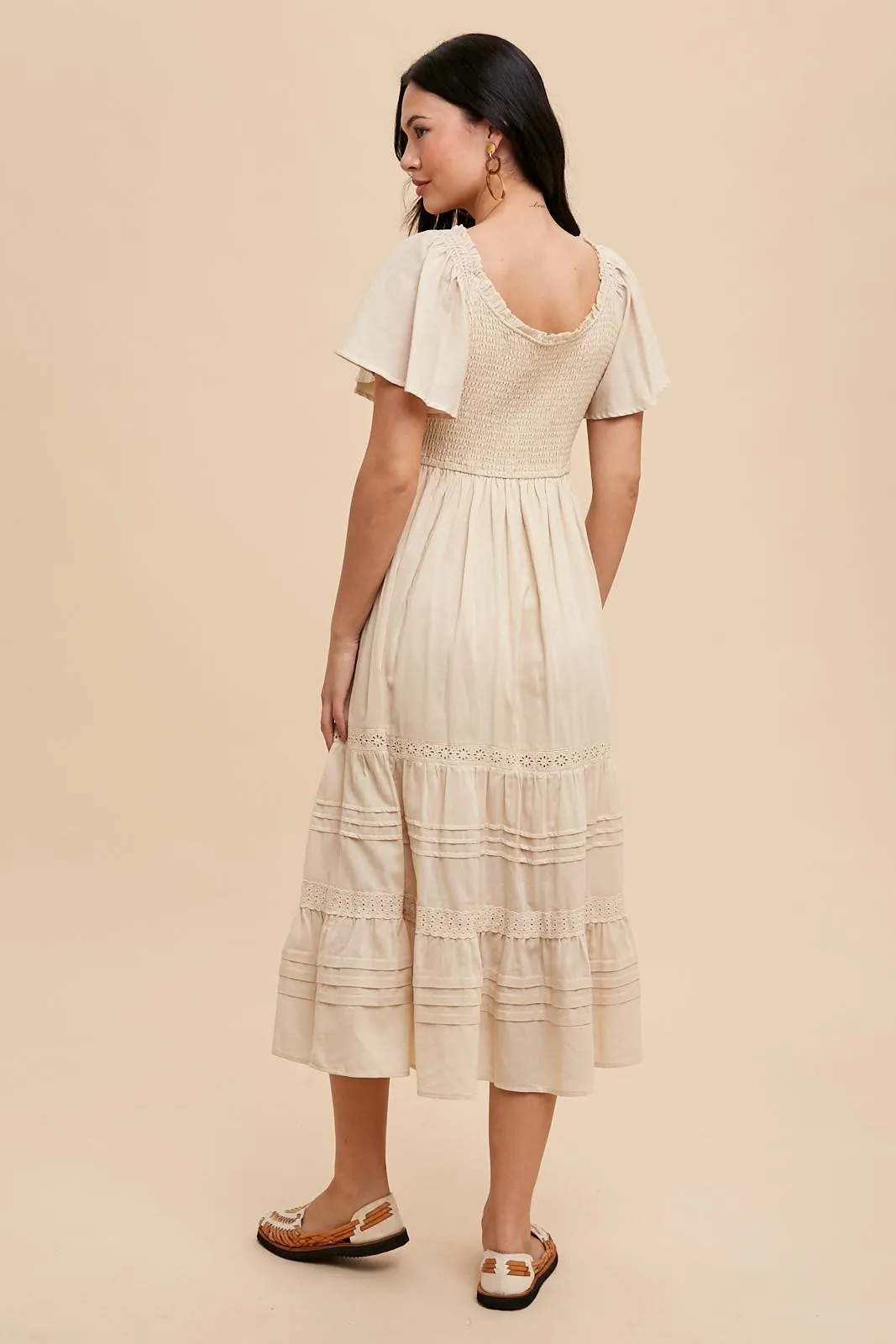 Cream Smocked Short Sleeve Midi Dress sold by Pinkblush product image thumbnail 4