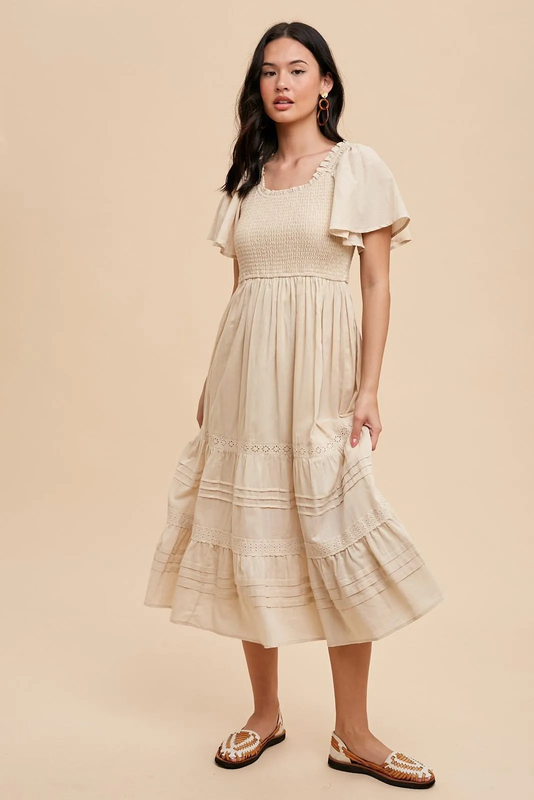 Cream Smocked Short Sleeve Midi Dress sold by Pinkblush
