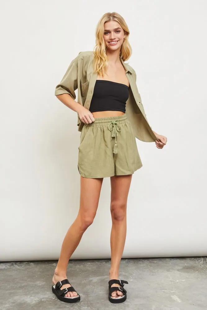 Light Olive Drawstring Shorts sold by Pinkblush