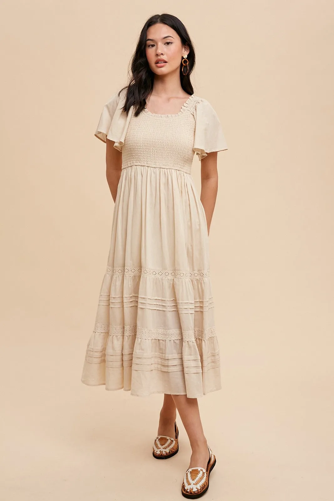 Cream Smocked Short Sleeve Midi Dress sold by Pinkblush product image thumbnail 2