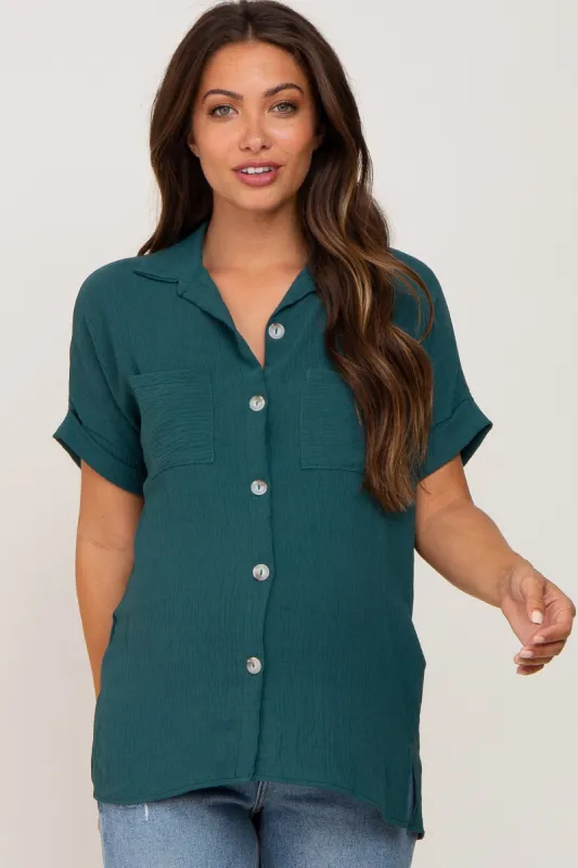Forest Green Collared Button-Down Short Sleeve Maternity Blouse sold by Pinkblush
