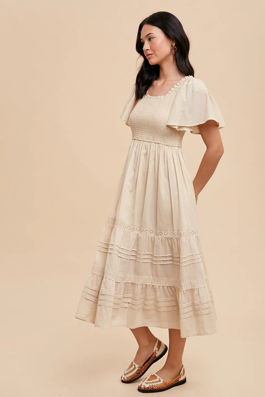 Cream Smocked Short Sleeve Midi Dress sold by Pinkblush product image thumbnail 3