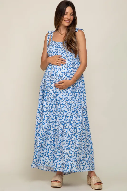 Light Blue Floral Smocked Shoulder Tie Maternity Maxi Dress sold by Pinkblush