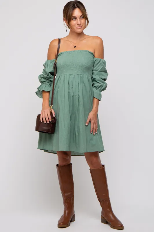 Green Smocked Off Shoulder Long Sleeve Dress sold by Pinkblush