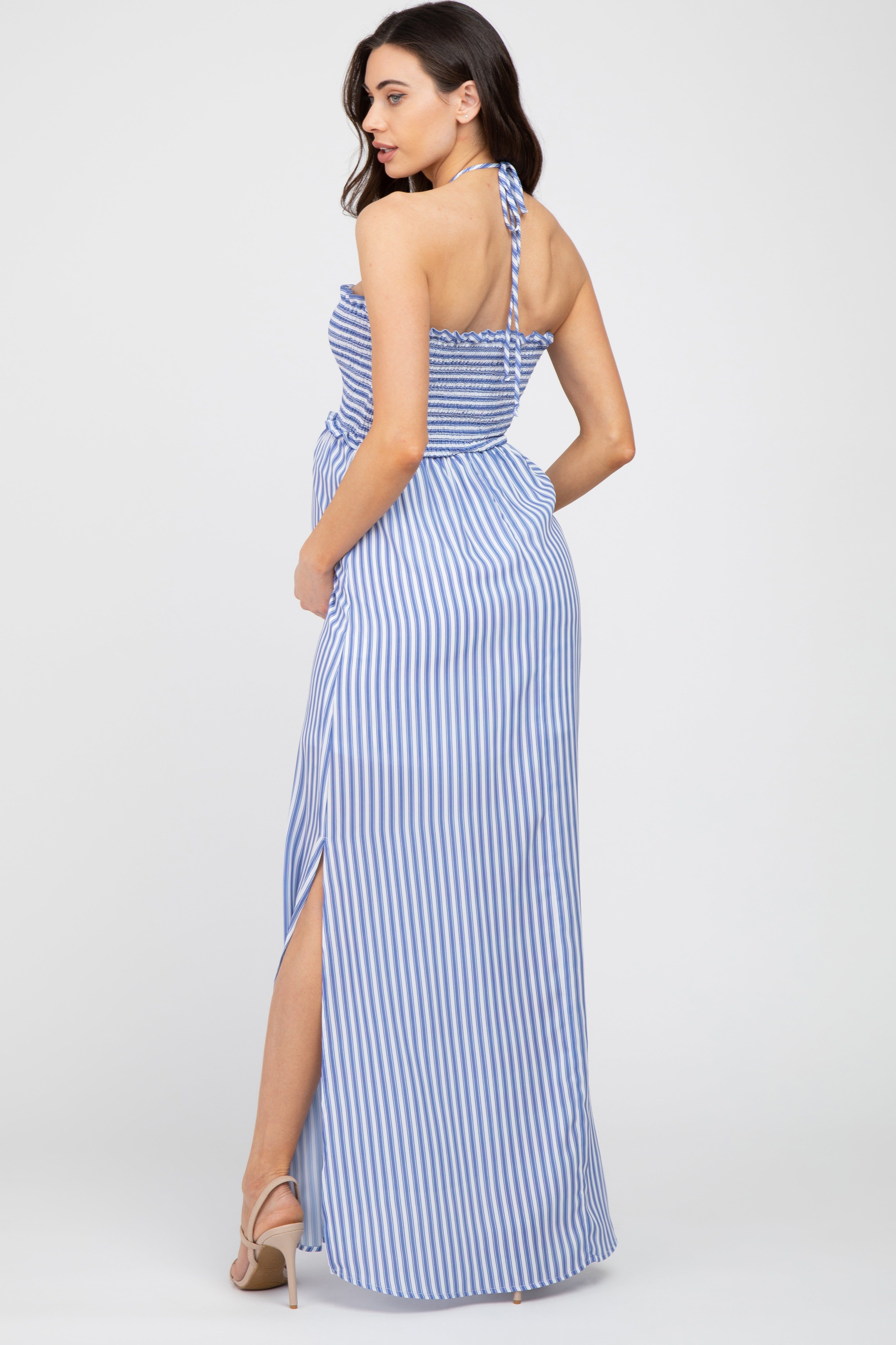 Blue Striped Cutout Front Halter Neck Maternity Maxi Dress sold by Pinkblush product image thumbnail 3