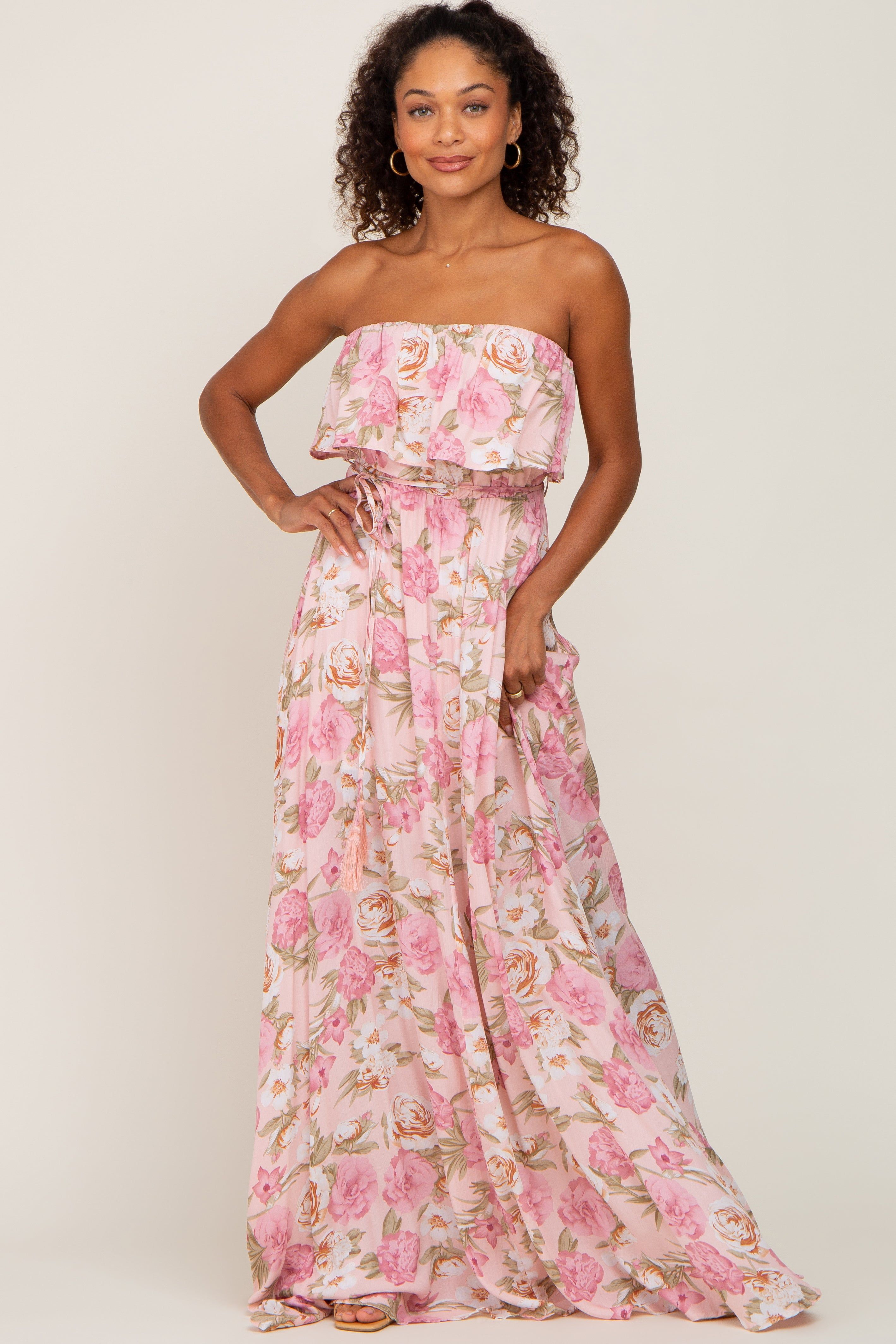 Light Pink Floral Strapless Ruffle Front Maxi Dress sold by Pinkblush product image thumbnail 4