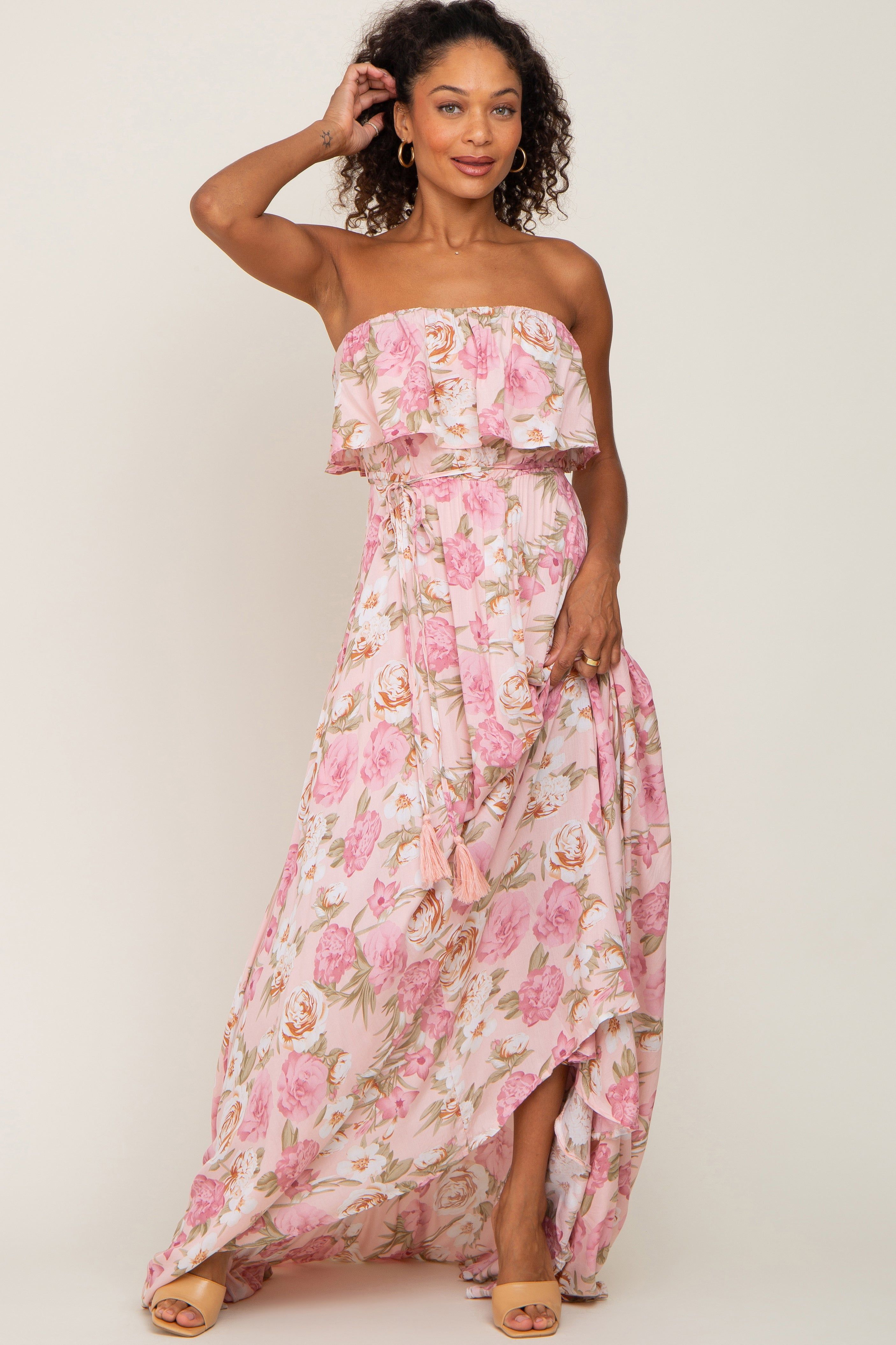 Light Pink Floral Strapless Ruffle Front Maxi Dress sold by Pinkblush