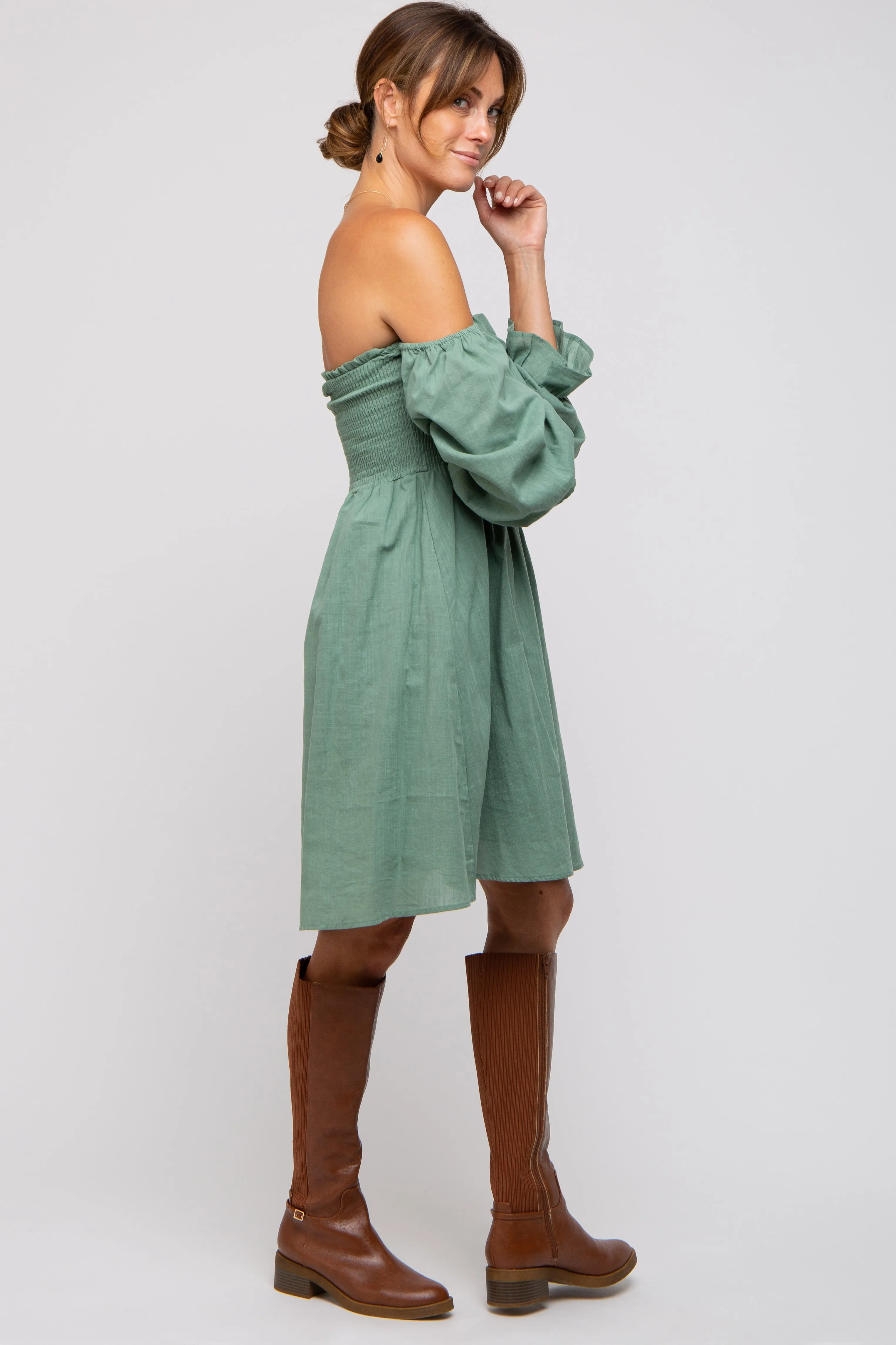 Green Smocked Off Shoulder Long Sleeve Dress sold by Pinkblush product image thumbnail 2