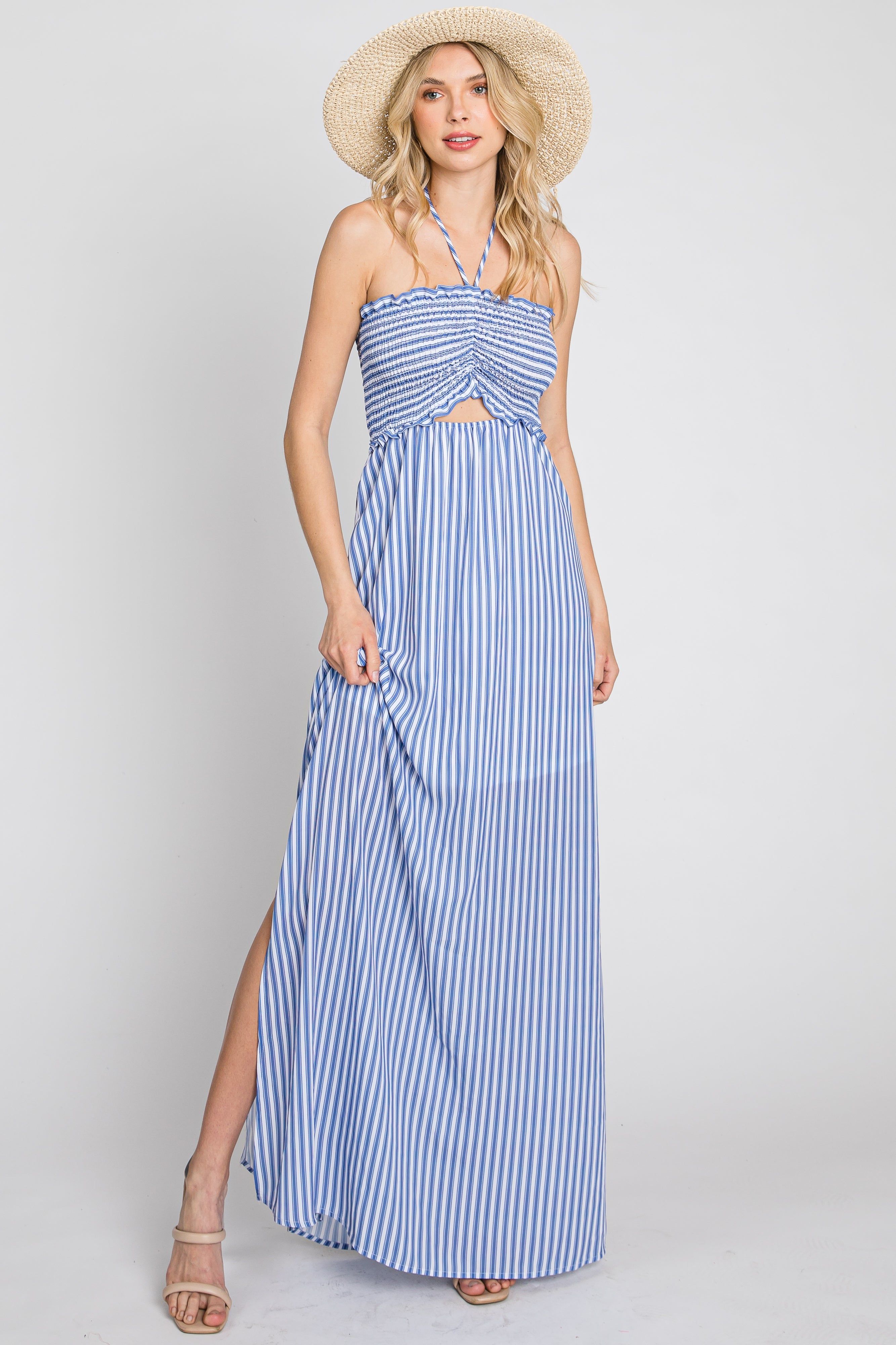 Blue Striped Cutout Front Halter Neck Maternity Maxi Dress sold by Pinkblush product image thumbnail 4