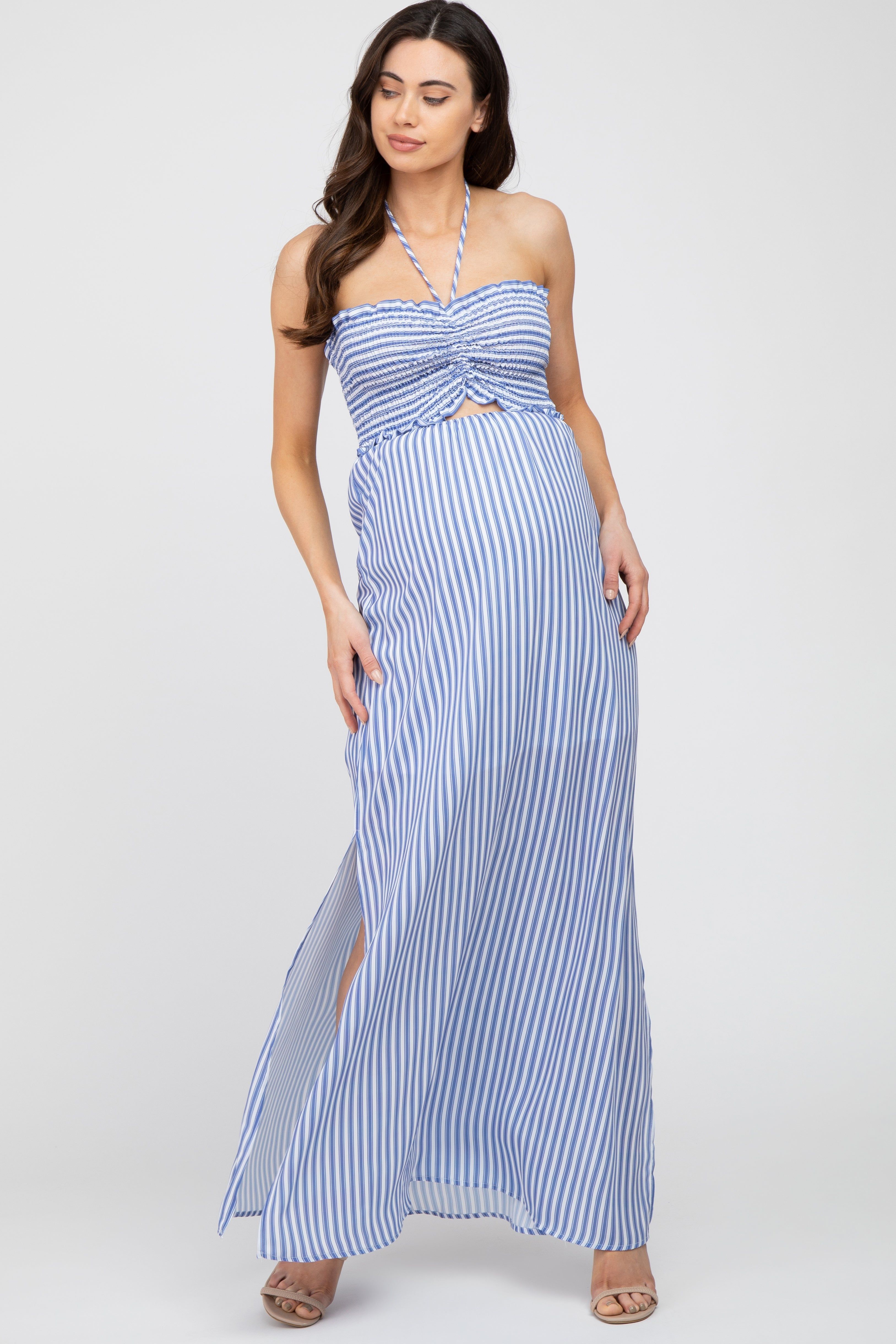Blue Striped Cutout Front Halter Neck Maternity Maxi Dress sold by Pinkblush