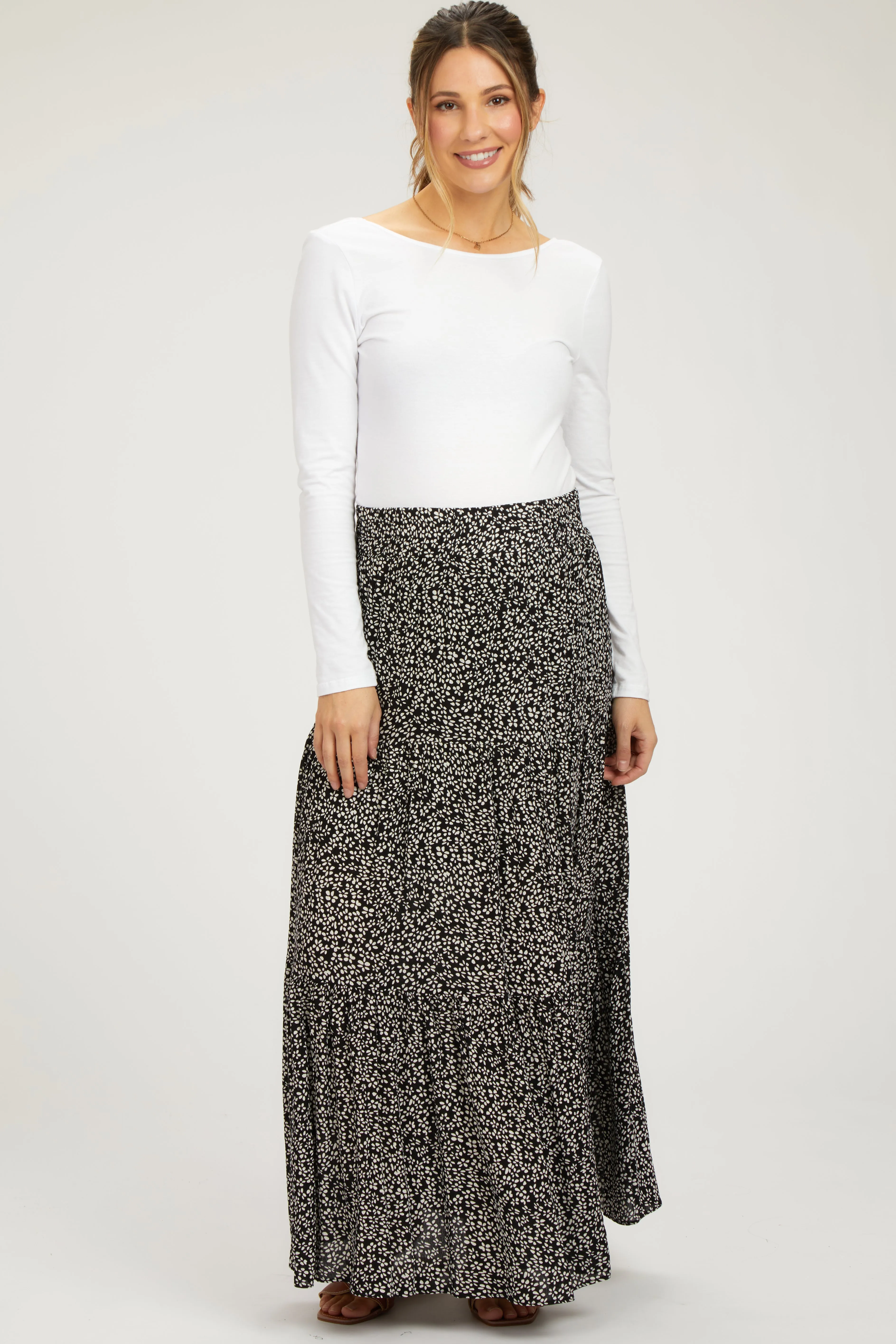 Black Floral Tiered Maternity Maxi Skirt sold by Pinkblush