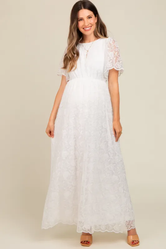 White Lace Sheer Lace Back Maternity Maxi Dress sold by Pinkblush