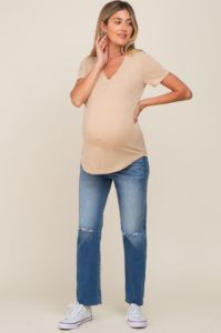 Beige V-Neck Short Sleeve Maternity Tee sold by Pinkblush