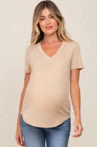 Beige V-Neck Short Sleeve Maternity Tee sold by Pinkblush