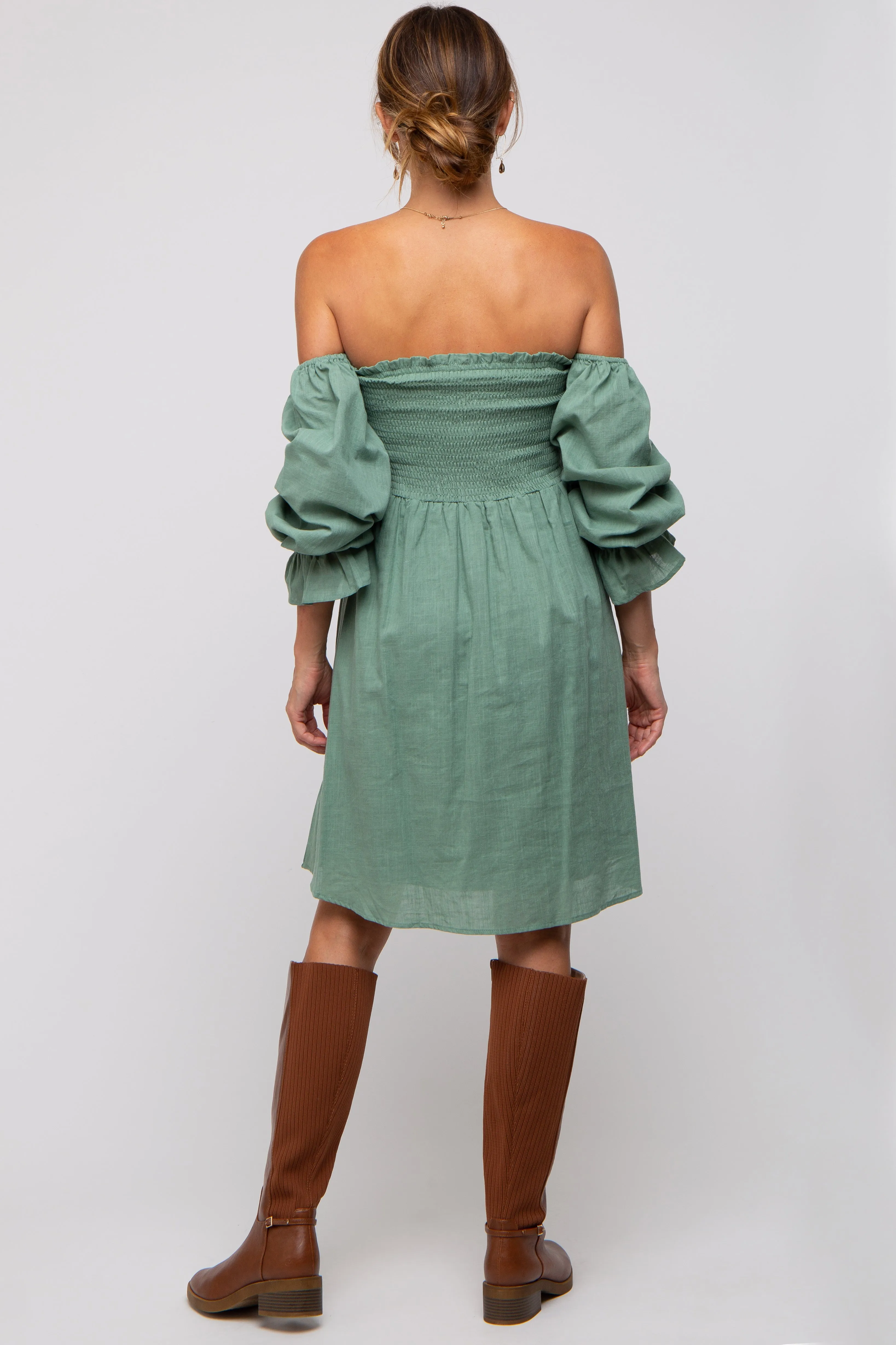 Green Smocked Off Shoulder Long Sleeve Dress sold by Pinkblush product image thumbnail 3