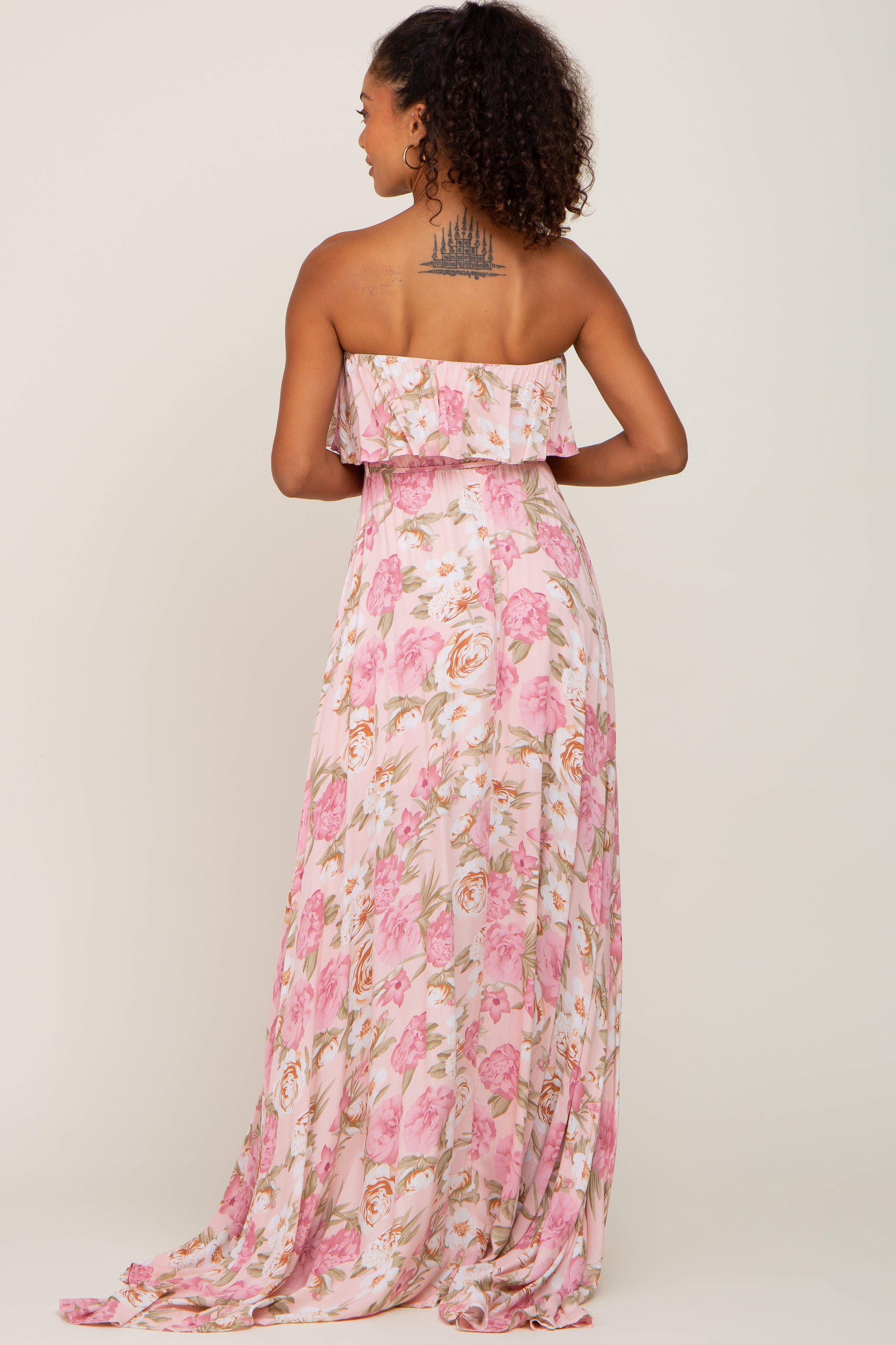 Light Pink Floral Strapless Ruffle Front Maxi Dress sold by Pinkblush product image thumbnail 3