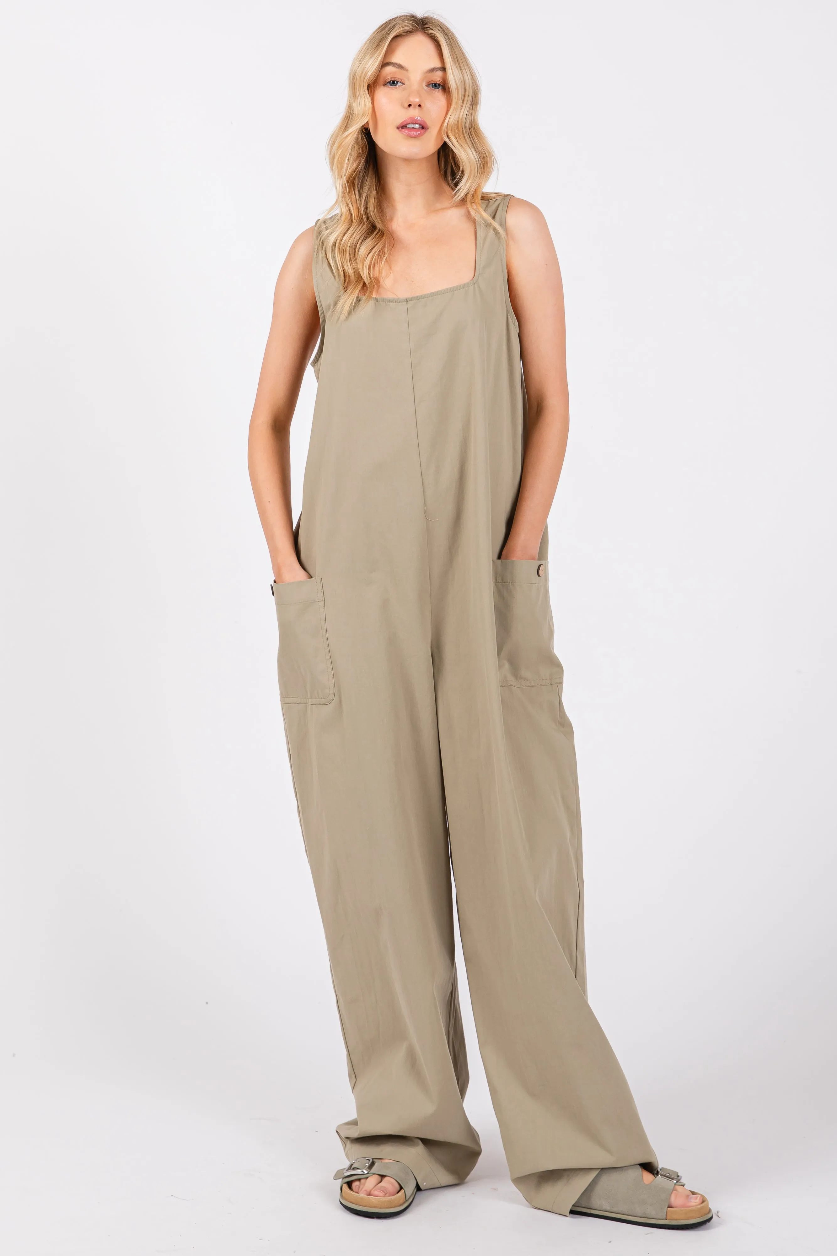 Olive Sleeveless Wide Leg Cutout Back Maternity Jumpsuit sold by Pinkblush