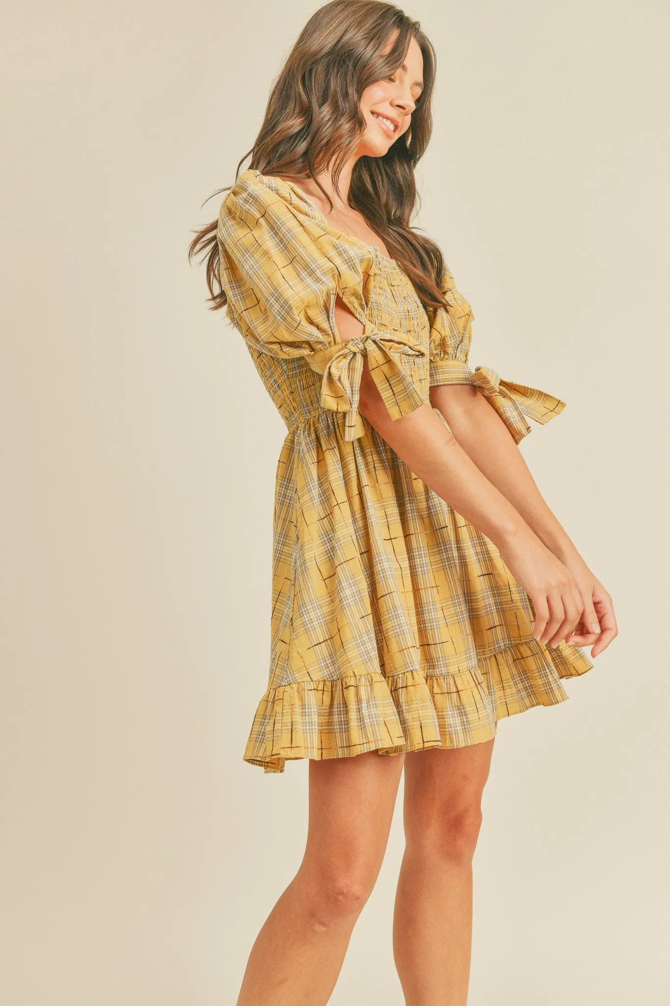 Gold Plaid Plaid Smocked Mini Dress sold by Pinkblush product image thumbnail 2