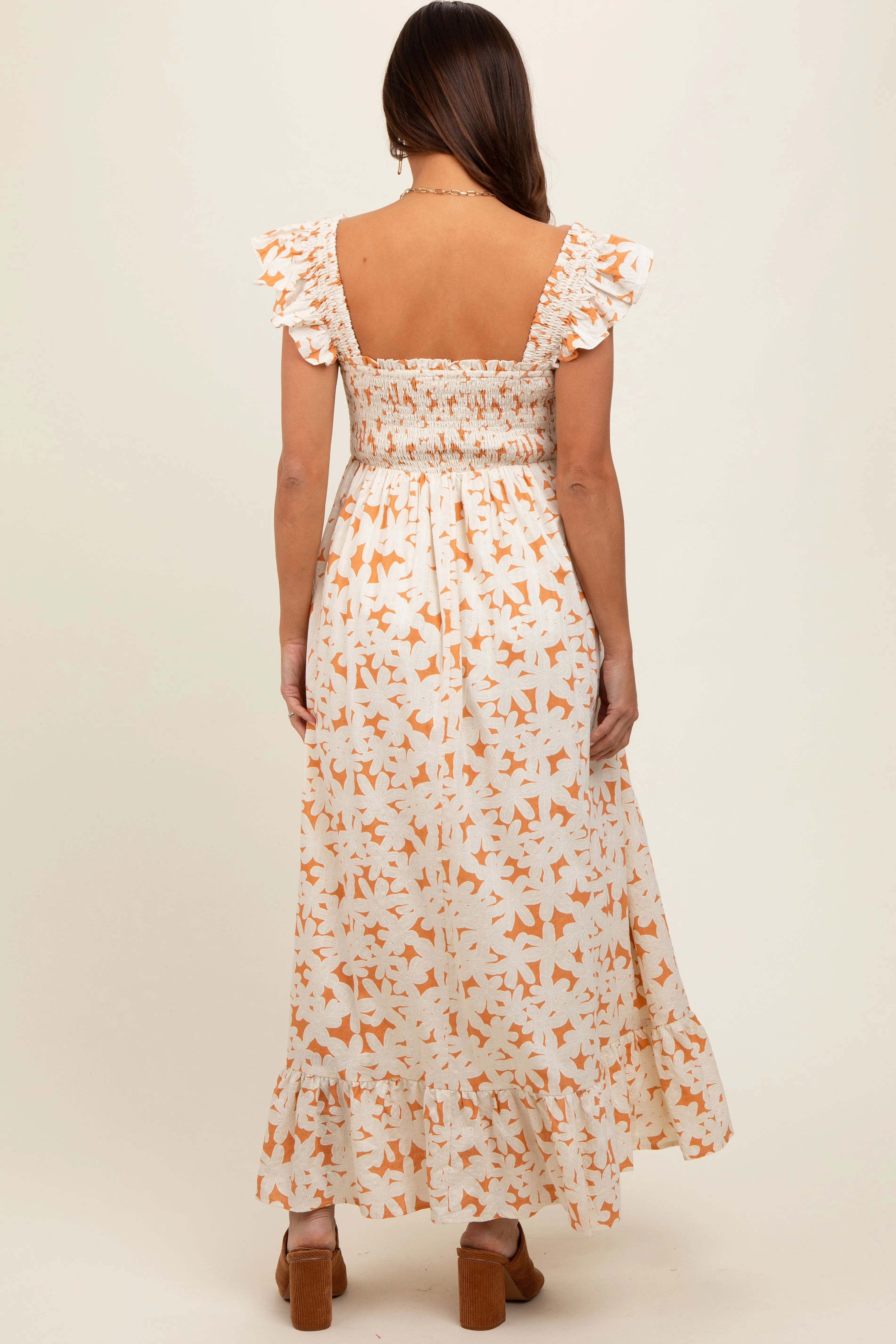 Rust Floral Print Smocked Ruffle Sleeve Maternity Maxi Dress sold by Pinkblush product image thumbnail 5