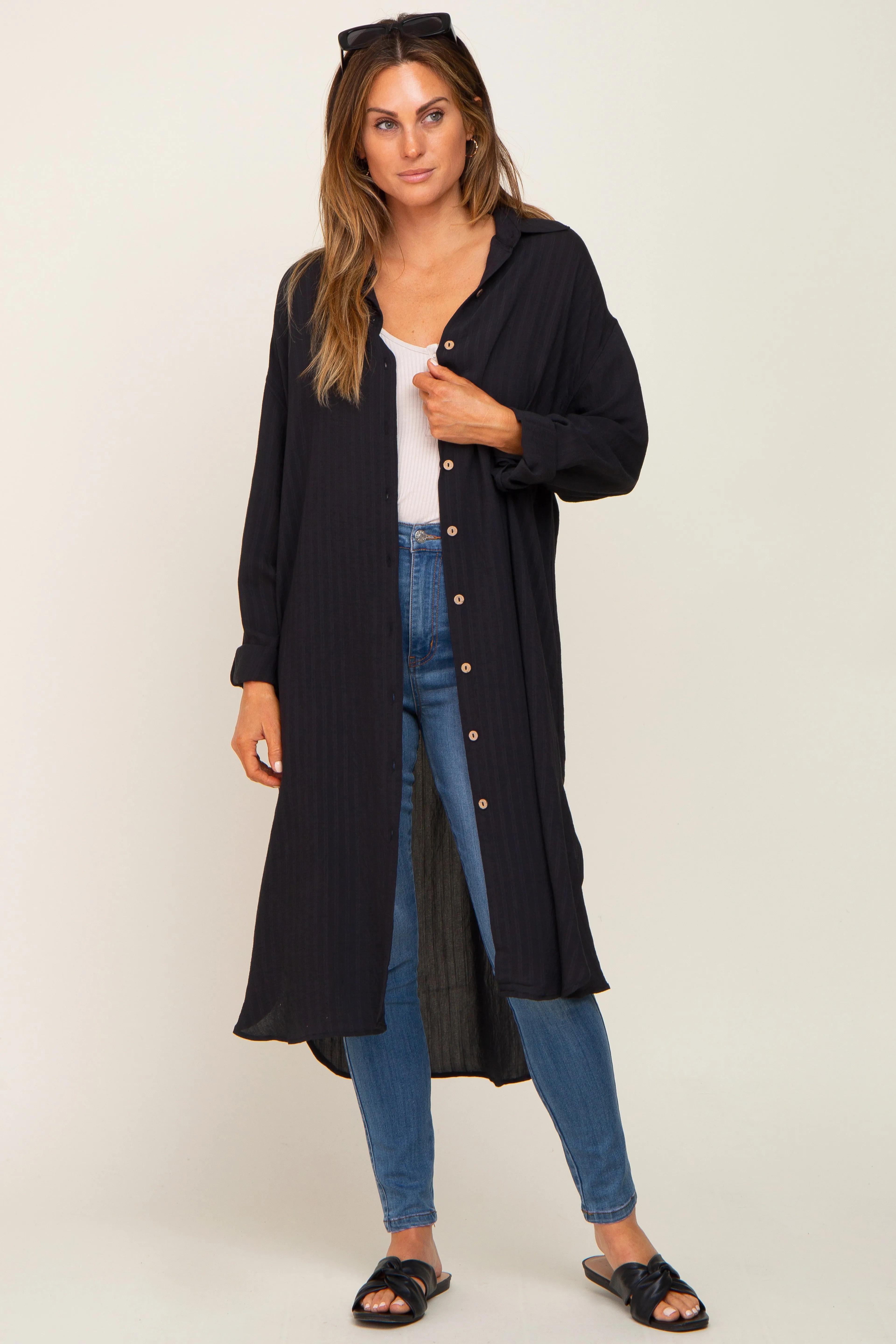 Black Striped Lightweight Button Down Top sold by Pinkblush product image thumbnail 4