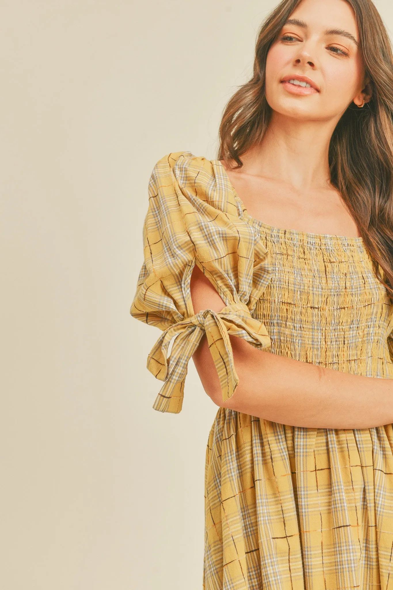 Gold Plaid Plaid Smocked Mini Dress sold by Pinkblush product image thumbnail 5