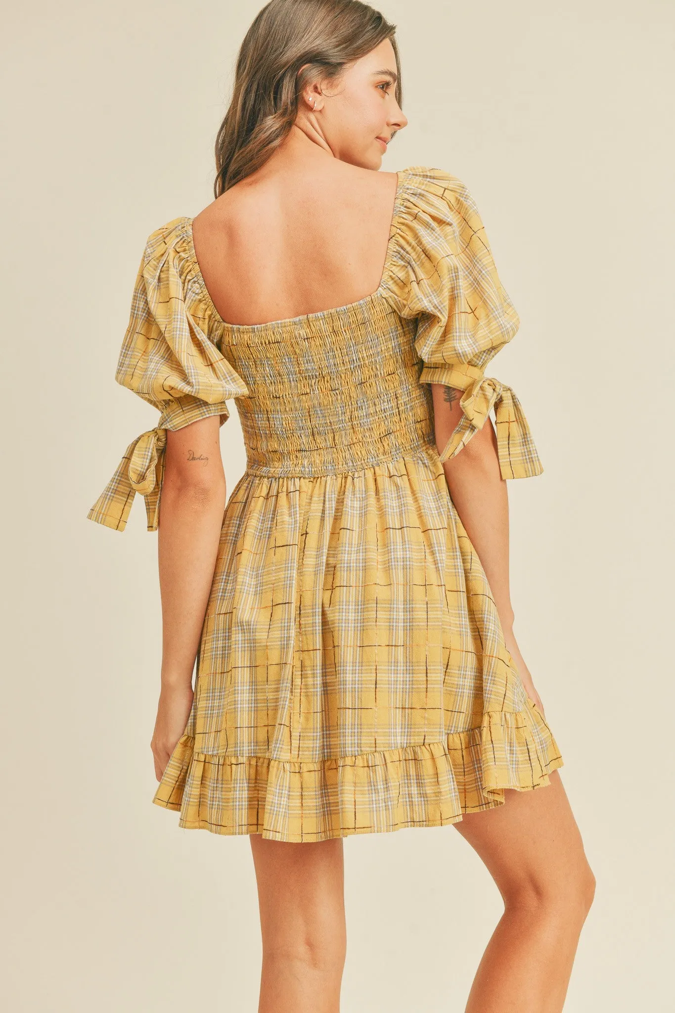 Gold Plaid Plaid Smocked Mini Dress sold by Pinkblush product image thumbnail 3