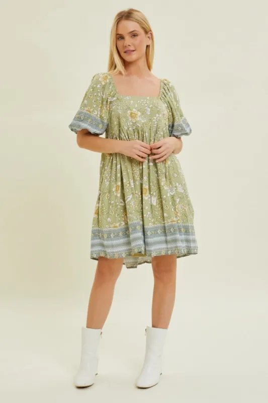 Light Green Floral Puff Sleeve Dress sold by Pinkblush