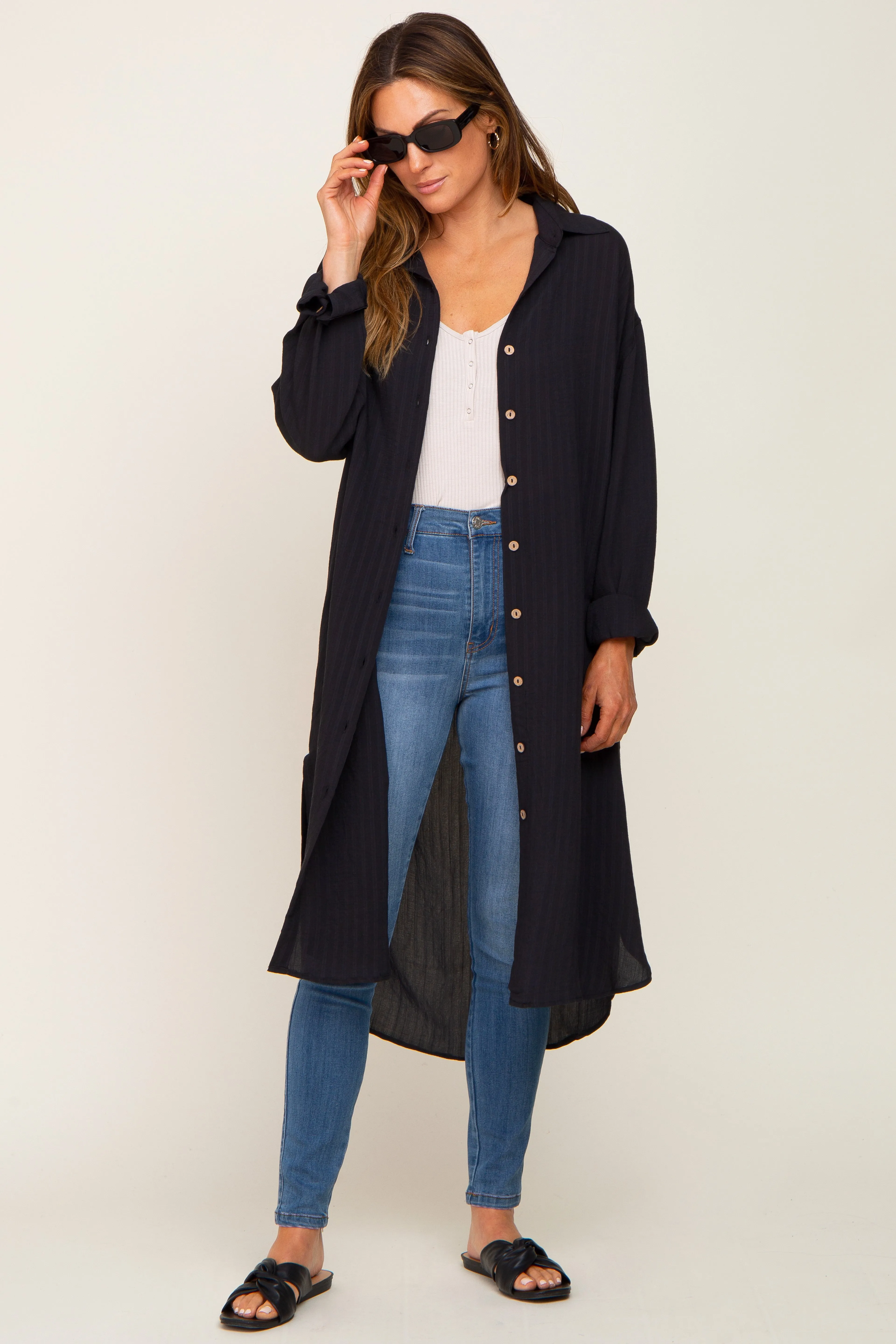 Black Striped Lightweight Button Down Top sold by Pinkblush product image thumbnail 5