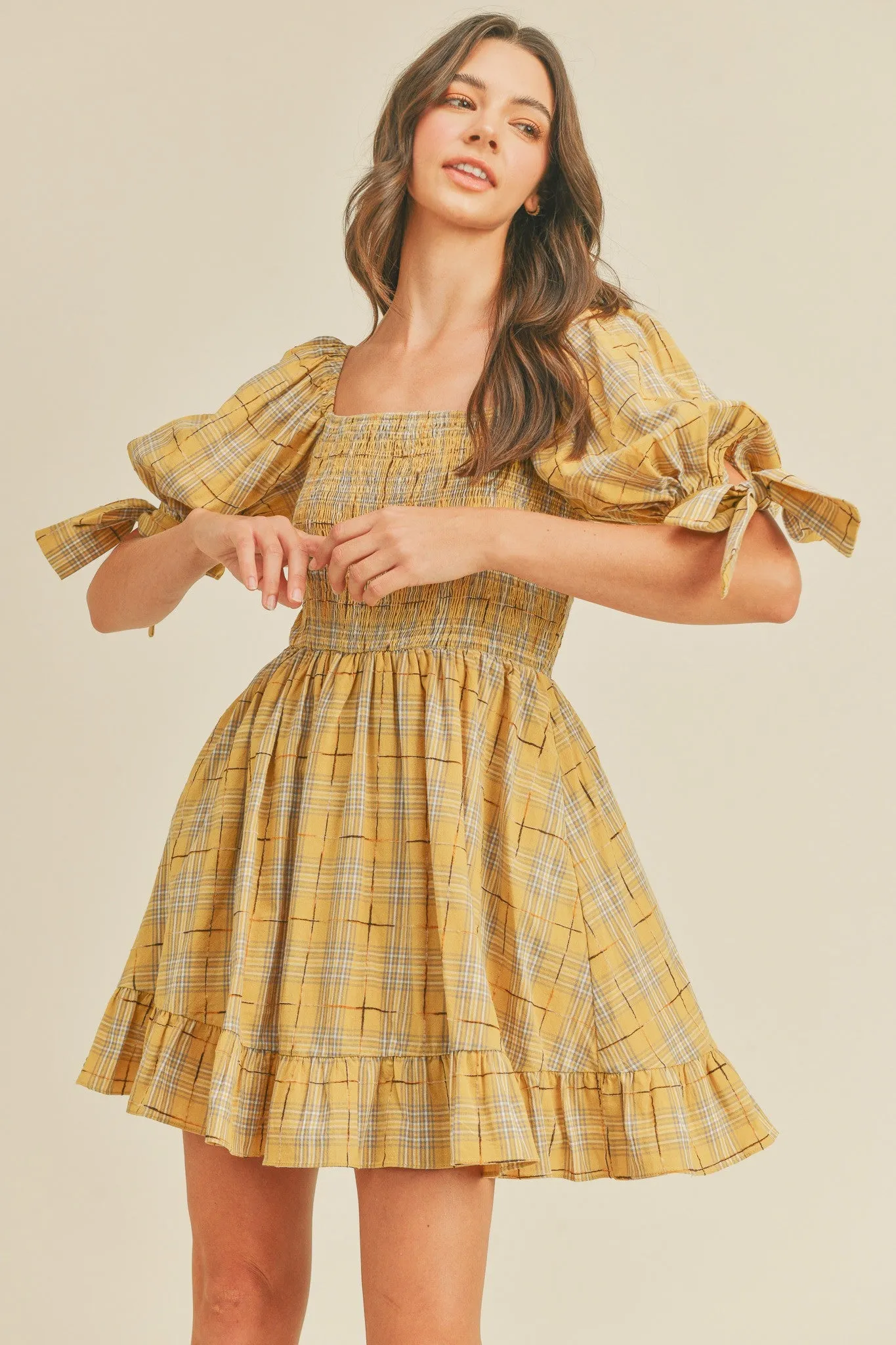 Gold Plaid Plaid Smocked Mini Dress sold by Pinkblush