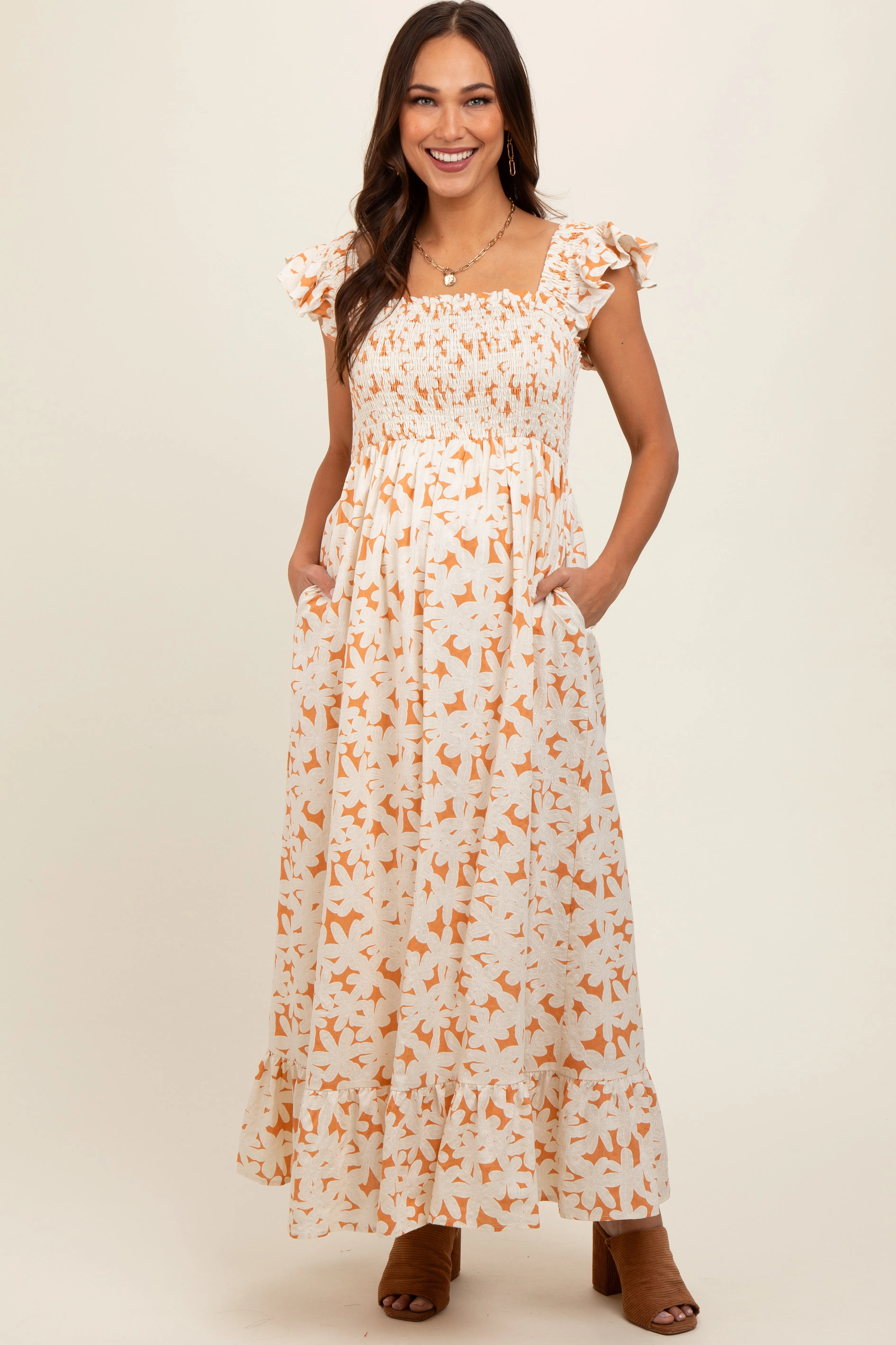 Rust Floral Print Smocked Ruffle Sleeve Maternity Maxi Dress sold by Pinkblush