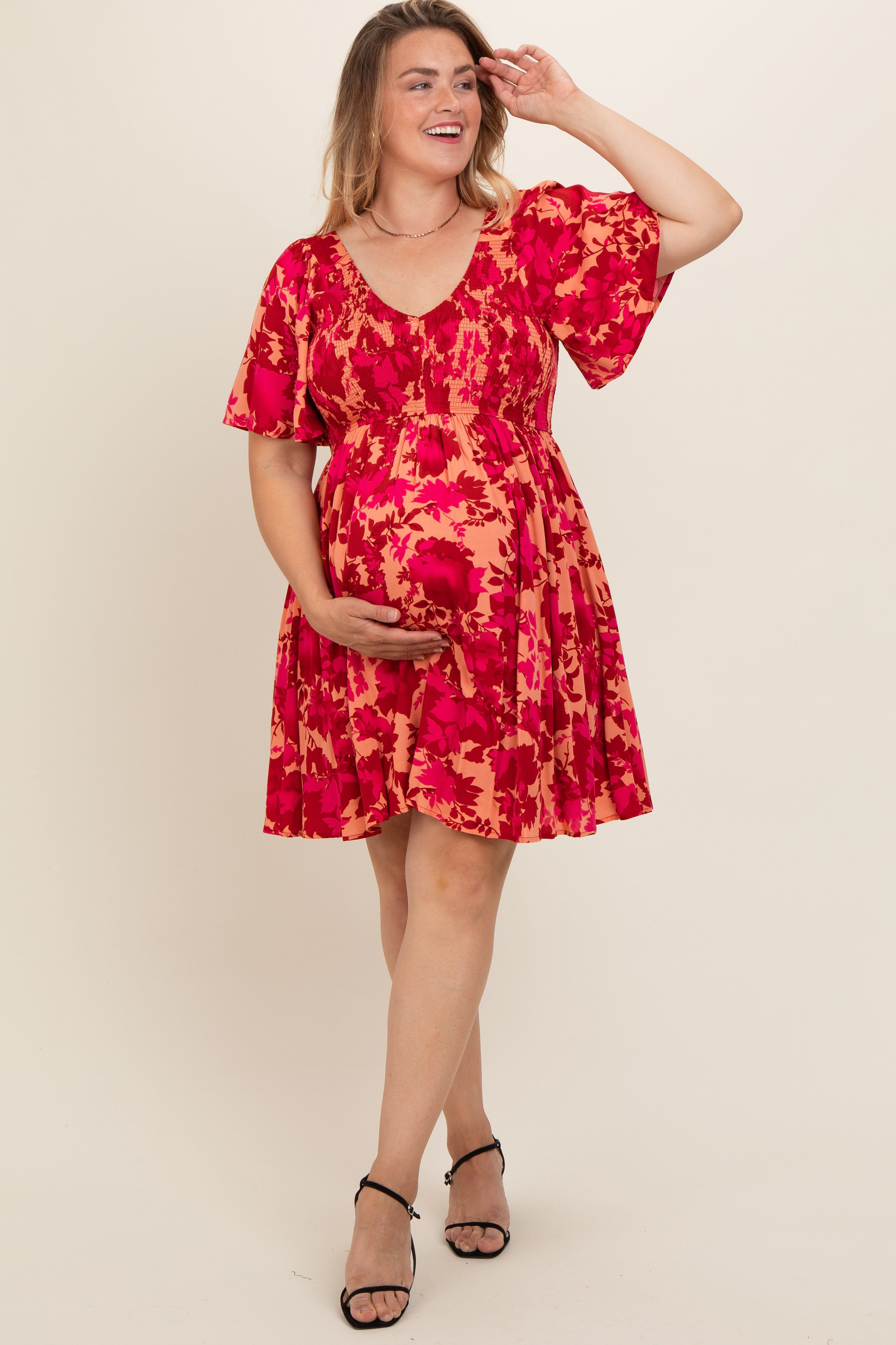 Red Leaf Print Smocked V-Neck Maternity Plus Dress sold by Pinkblush product image thumbnail 2