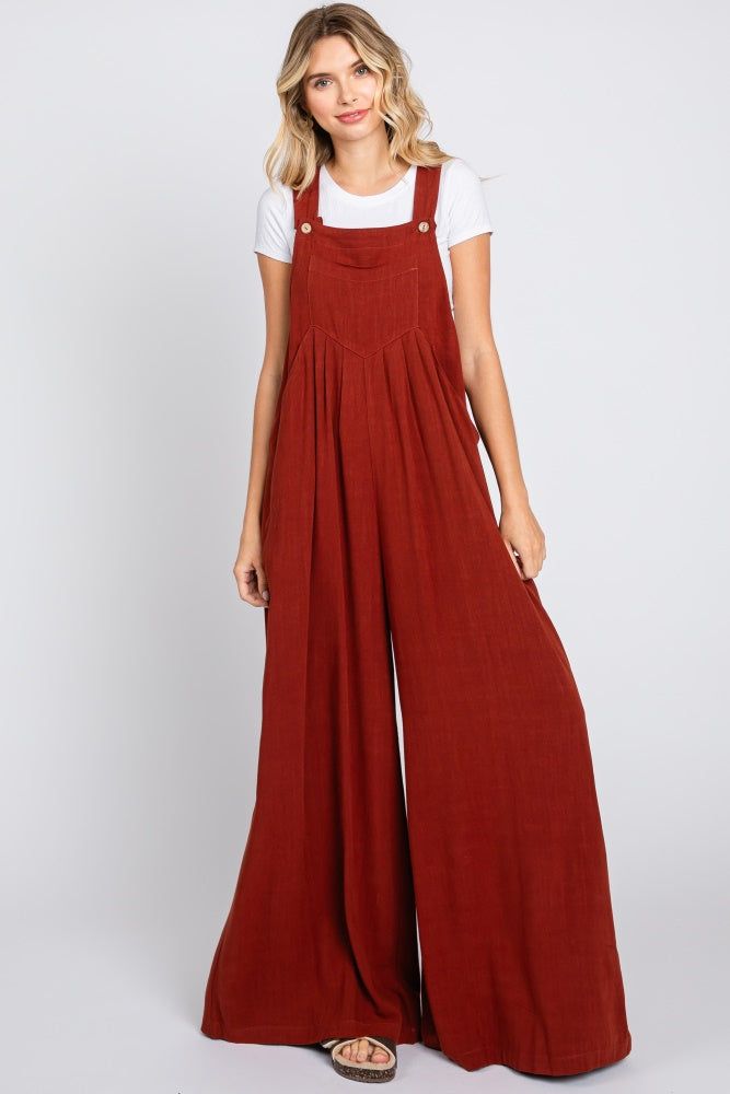 Rust Pleated Front Wide Leg Overalls sold by Pinkblush
