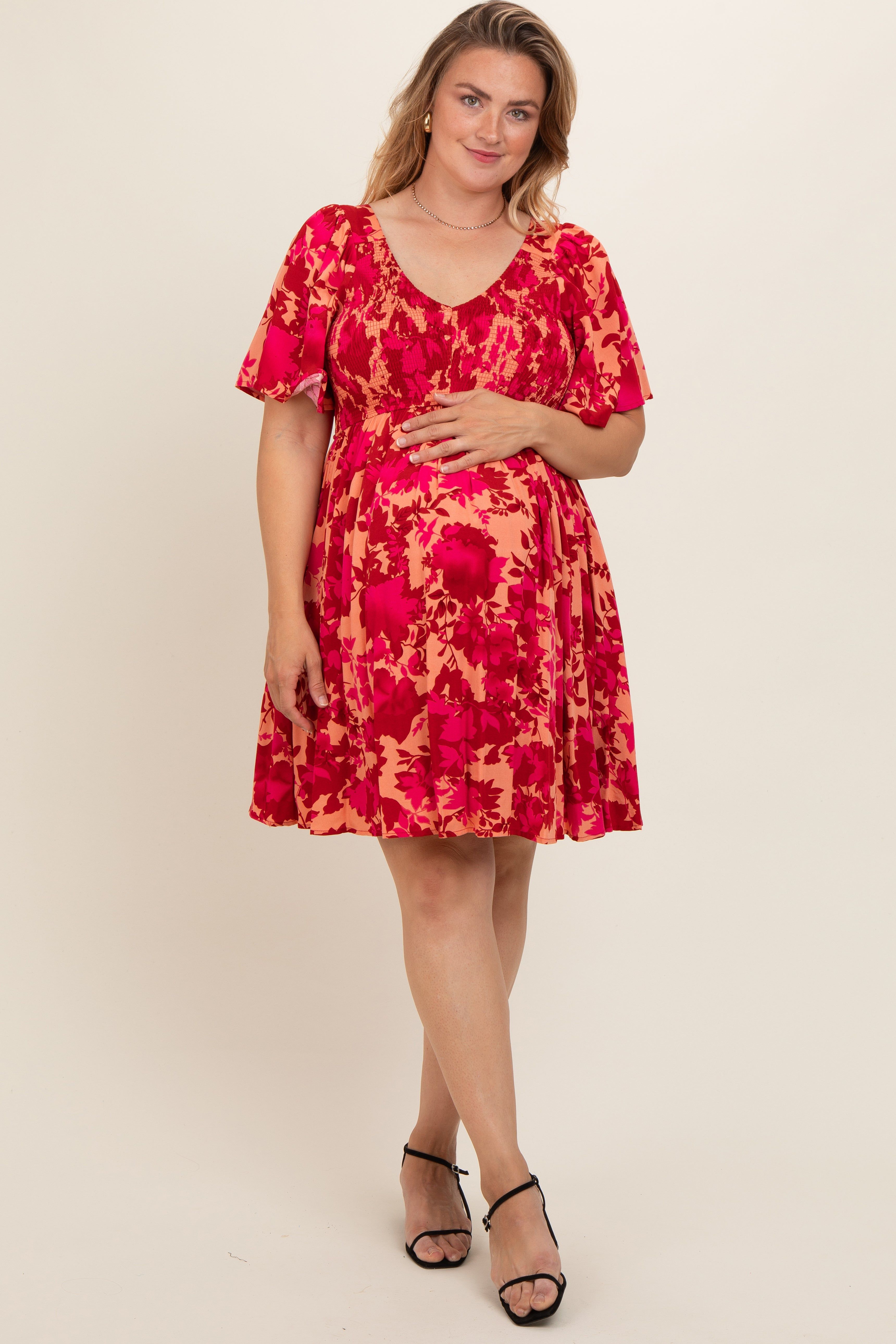 Red Leaf Print Smocked V-Neck Maternity Plus Dress sold by Pinkblush product image thumbnail 3