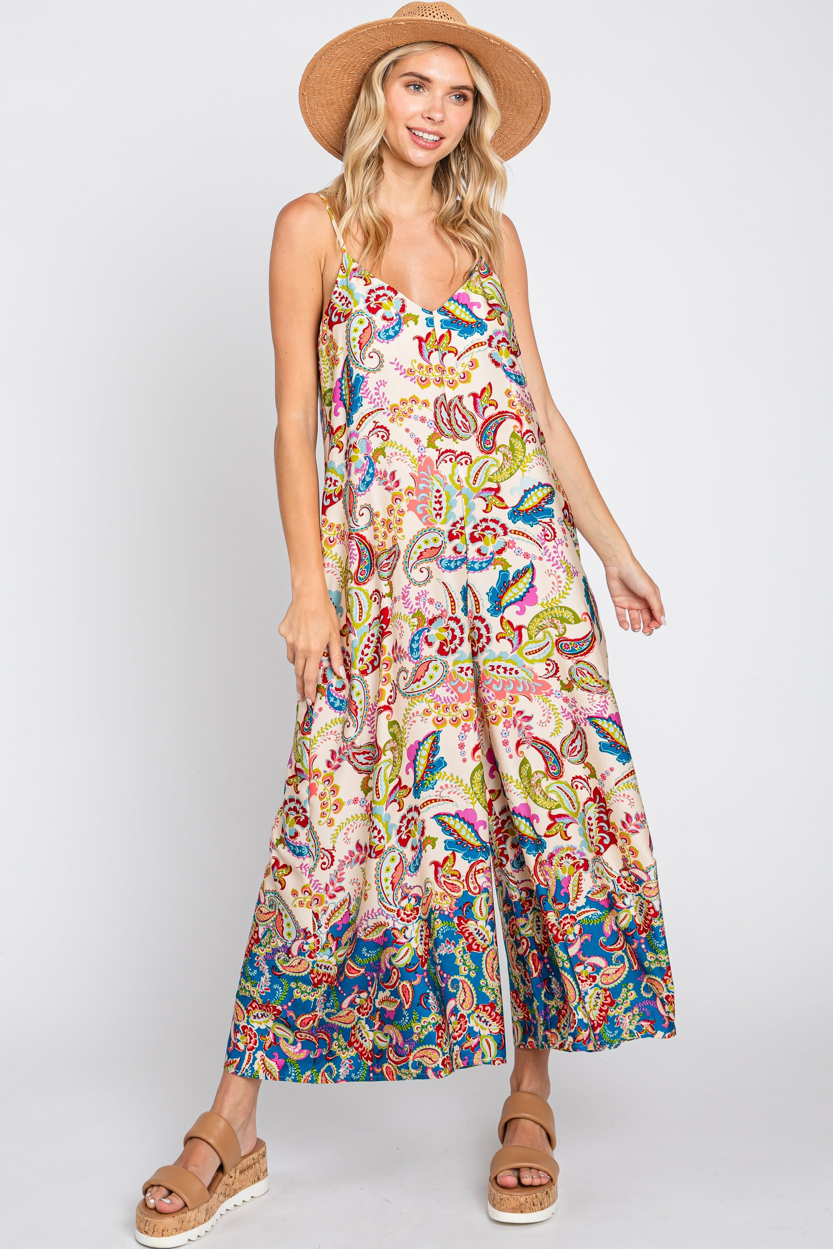 Beige Floral Paisley Cropped Jumpsuit sold by Pinkblush