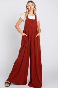 Rust Pleated Front Wide Leg Overalls sold by Pinkblush
