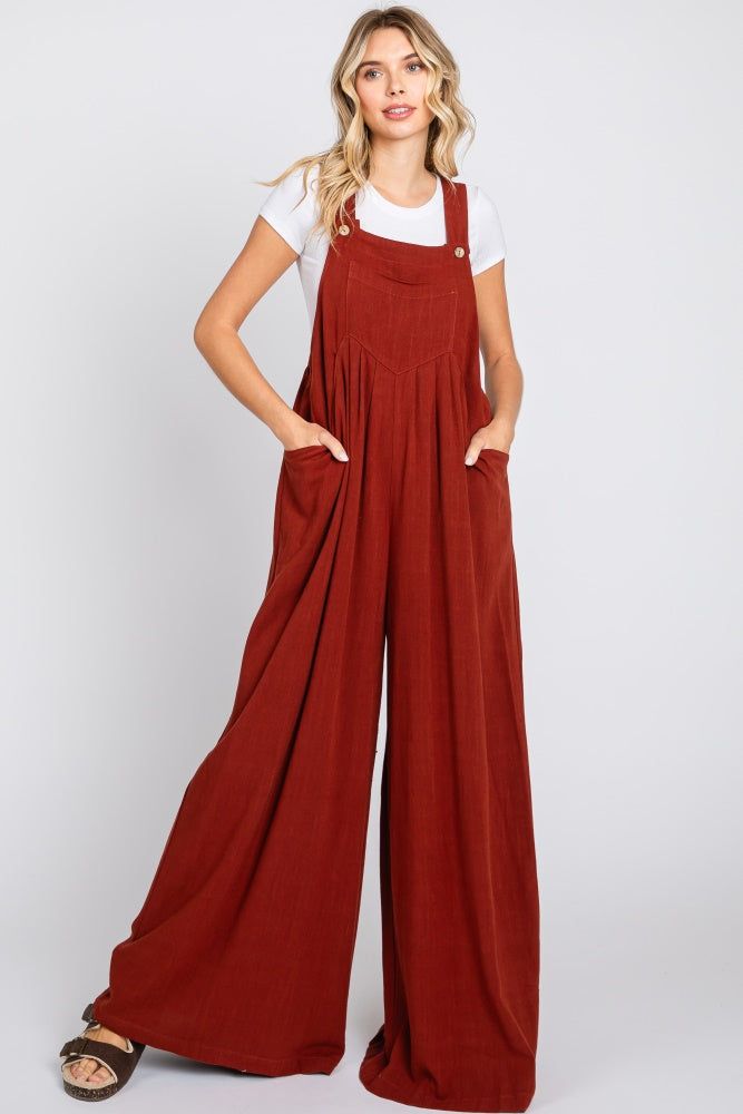 Rust Pleated Front Wide Leg Overalls sold by Pinkblush product image thumbnail 5