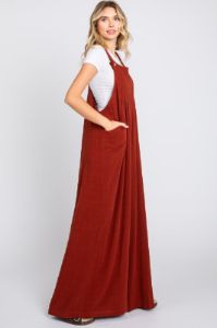 Rust Pleated Front Wide Leg Overalls sold by Pinkblush