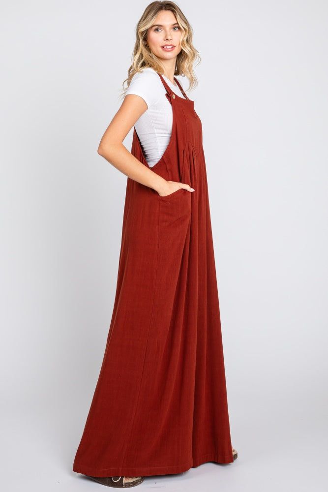 Rust Pleated Front Wide Leg Overalls sold by Pinkblush product image thumbnail 2