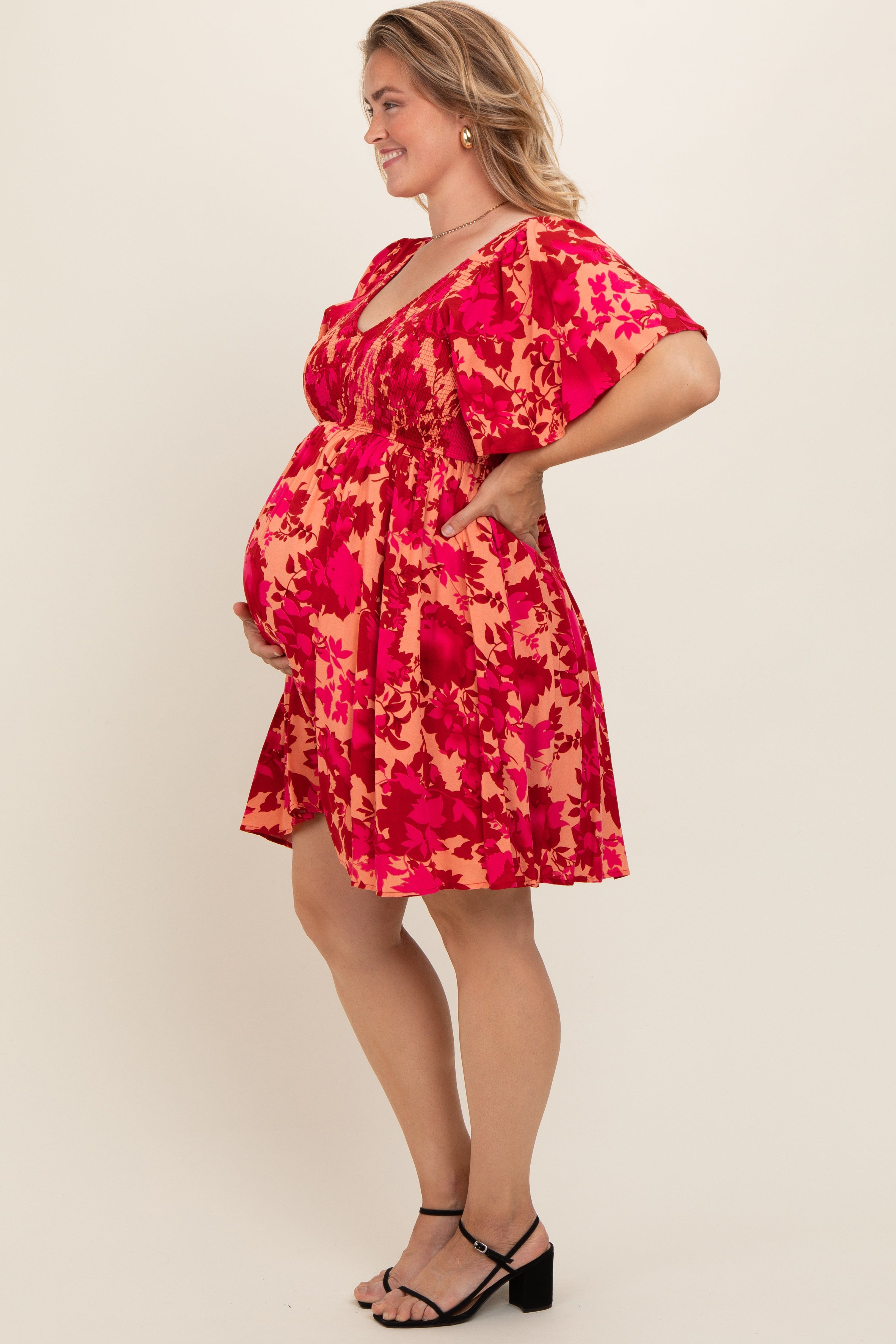 Red Leaf Print Smocked V-Neck Maternity Plus Dress sold by Pinkblush product image thumbnail 4
