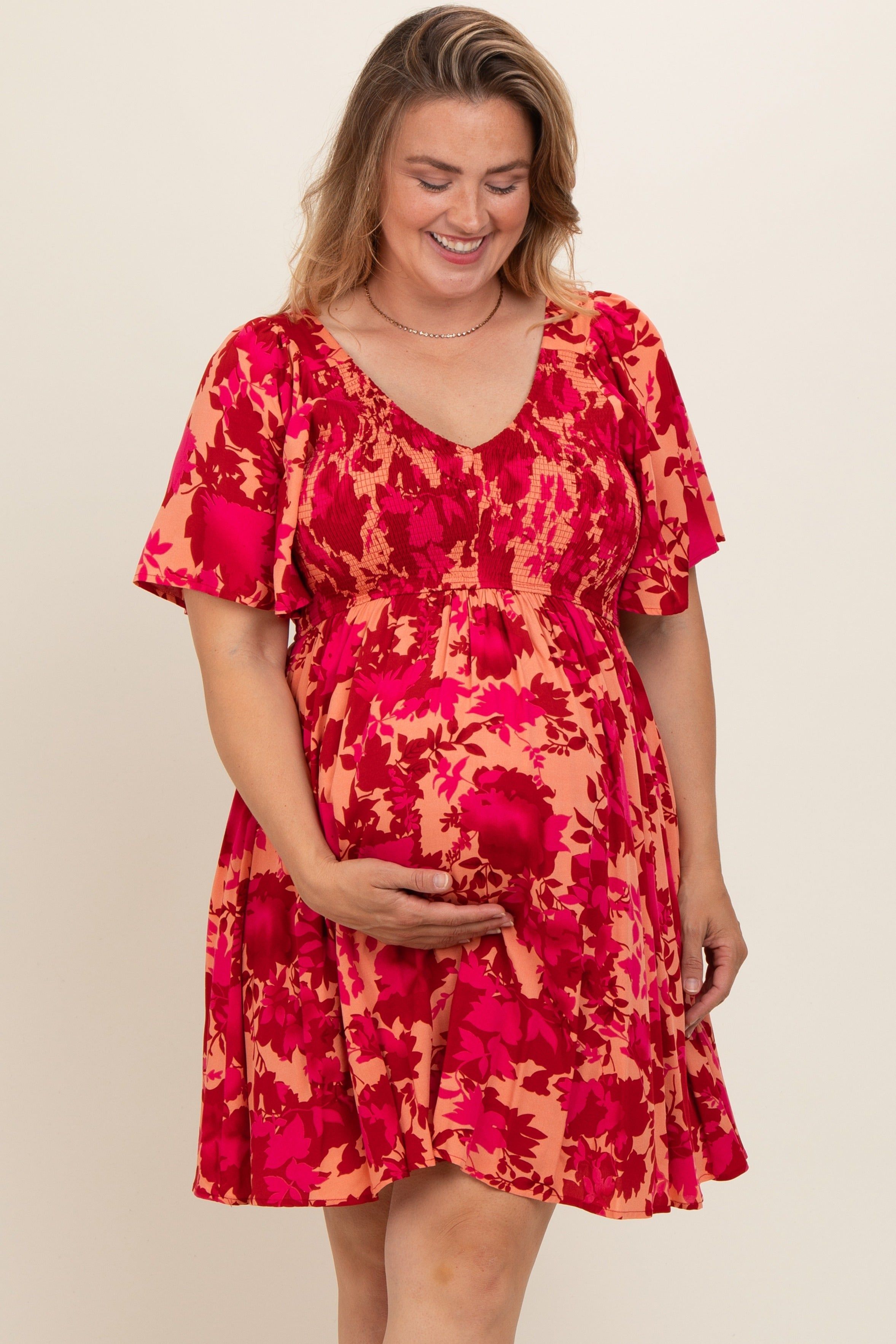 Red Leaf Print Smocked V-Neck Maternity Plus Dress sold by Pinkblush