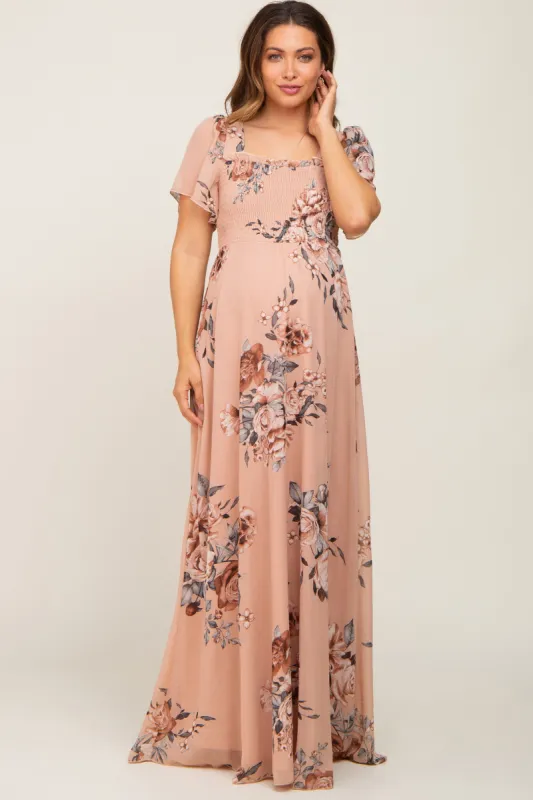 Beige Floral Chiffon Square Neck Smocked Short Sleeve Maternity Maxi Dress sold by Pinkblush